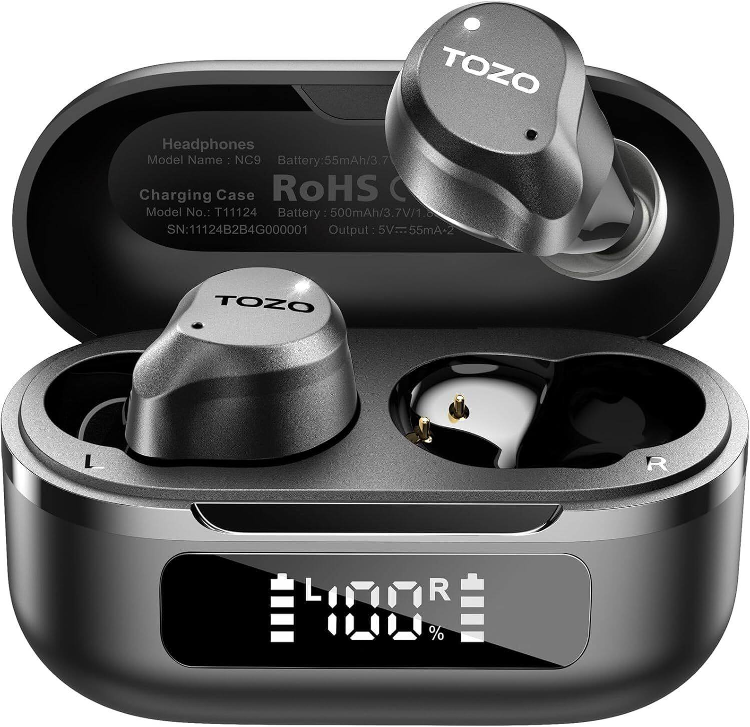 TOZO Headphones  
Model Name: NC9  
Battery: 55mAh/3.7V  
Charging Case  
Model No.: T11124  
Battery: 500mAh/3.7V/1.8  
SN: 11124B2B4G000001  
Output: 5V 55mA-2  
RoHS