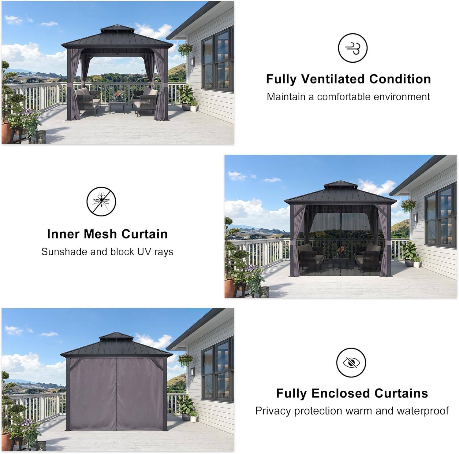 - Fully Ventilated Condition  
  Maintain a comfortable environment

- Inner Mesh Curtain  
  Sunshade and block UV rays

- Fully Enclosed Curtains  
  Privacy protection warm and waterproof