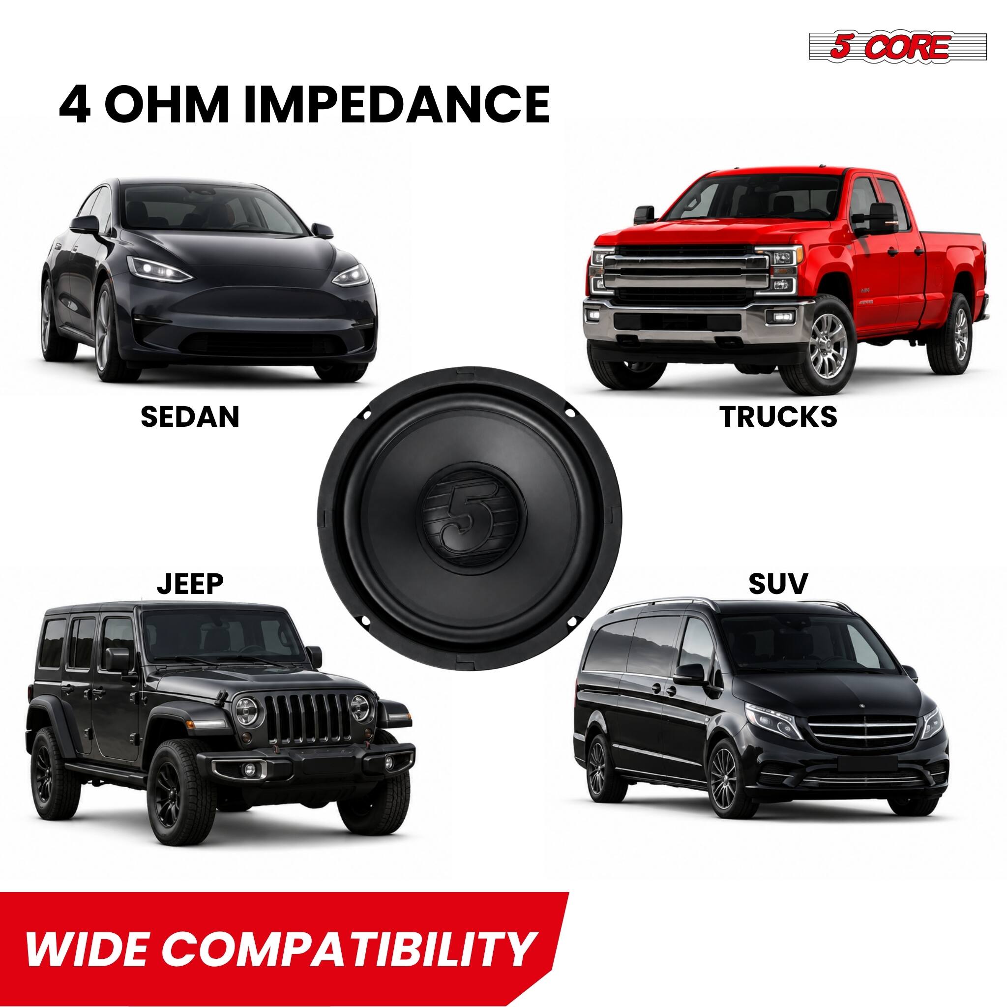 4 OHM IMPEDANCE  
5 CORE  
SEDAN  
TRUCKS  
JEEP  
SUV  
WIDE COMPATIBILITY