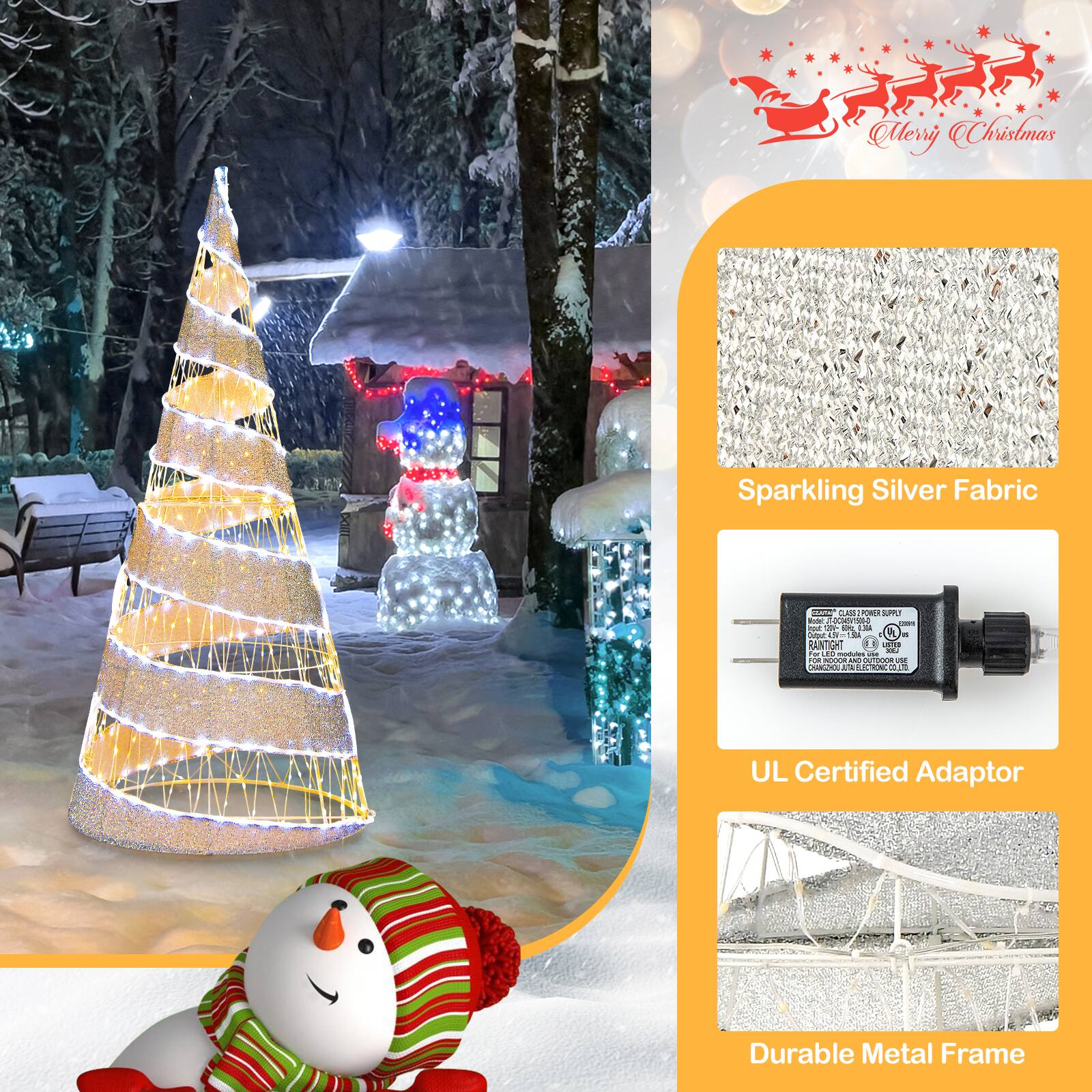 Merry Christmas Sparkling Silver Fabric 2 Carat Christmas Tree Lights do it yourself kit. LPU - Cd: 1 i E I S a A - RANTIG - ... ad Fo - a MO - NE  P L - 1- CE A UL Certified Adaptor Durable Metal Frame.