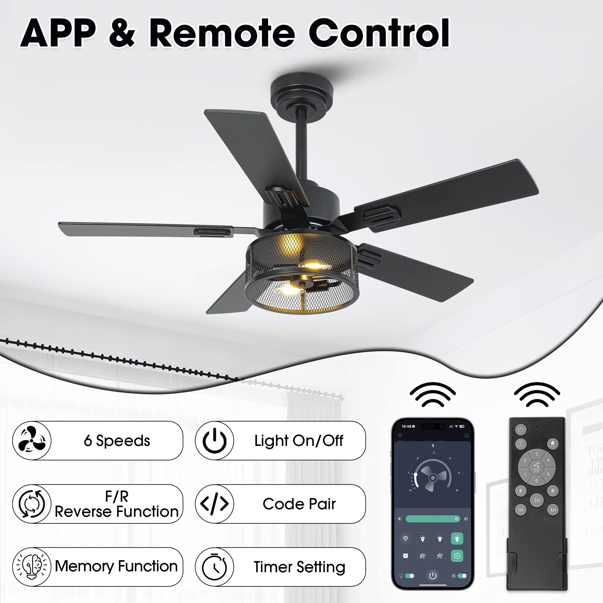 APP & Remote Control

- 6 Speeds
- Light On/Off
- F/R Reverse Function
- Code Pair
- Memory Function
- Timer Setting