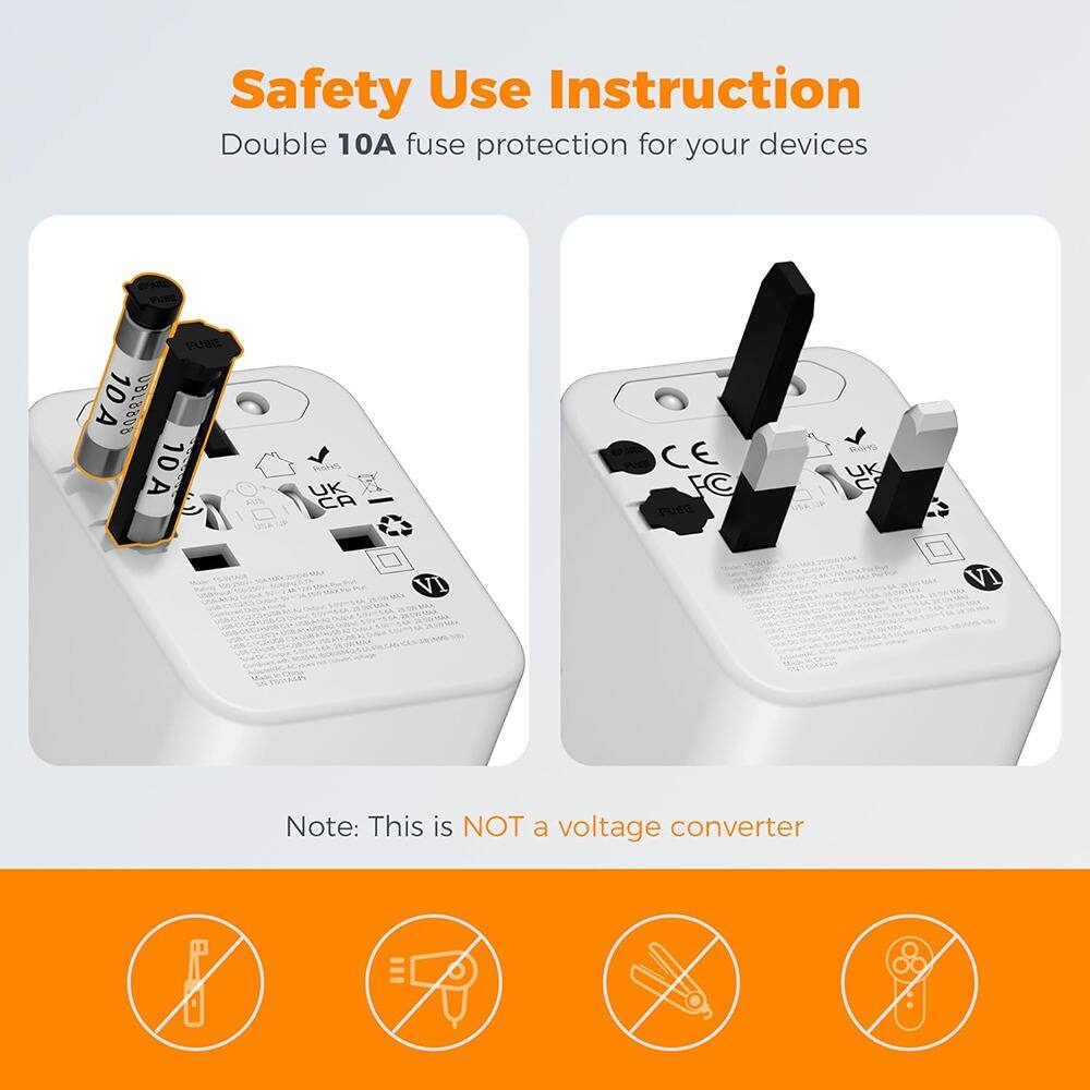 Safety Use Instruction  
Double 10A fuse protection for your devices  

Note: This is NOT a voltage converter