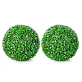 Gymax - 2 PCS Artificial White Flower Grass Topiary Balls 19'' Faux Balls Indoor Outdoor - Green, White
