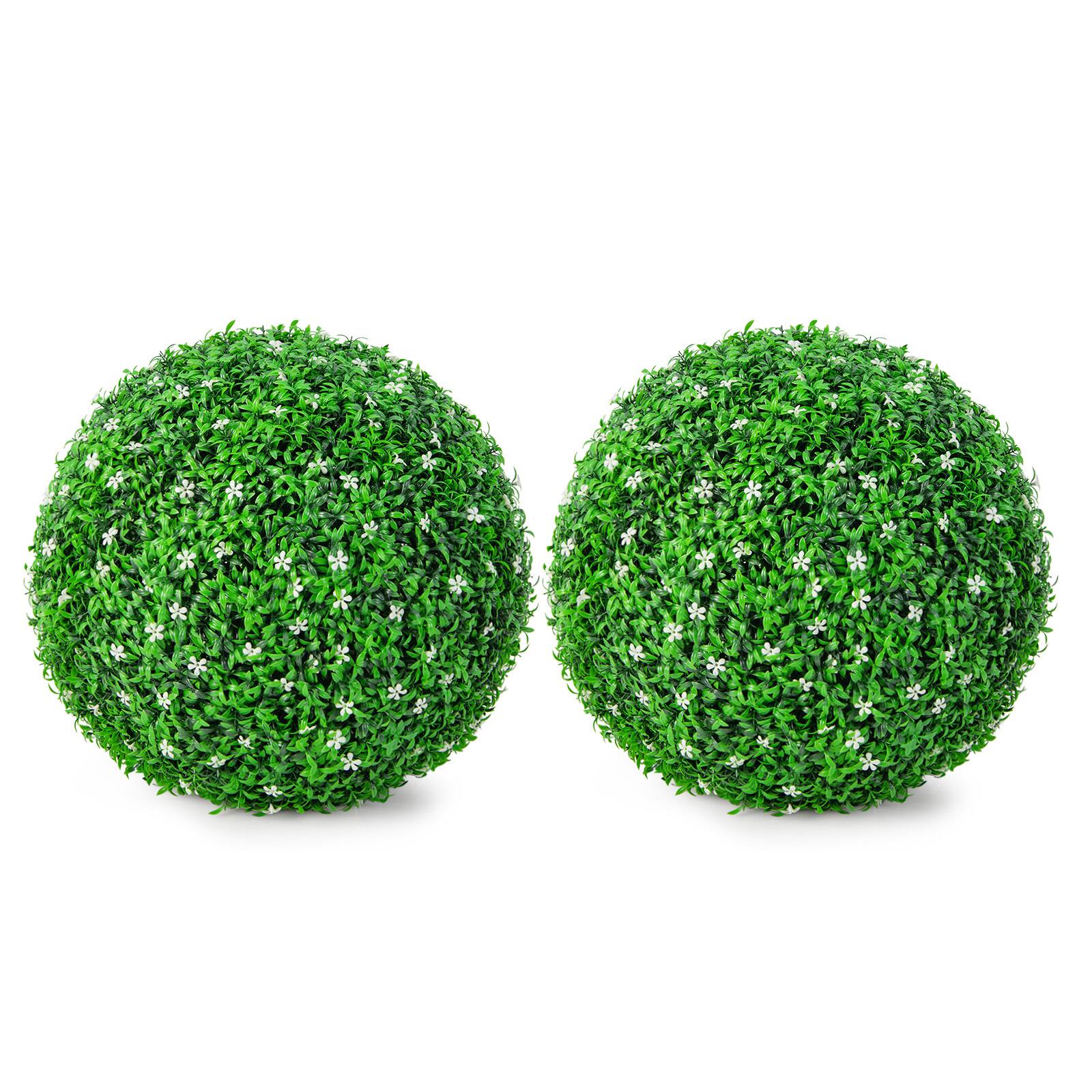 Front. Gymax - Gymax 2 PCS Artificial White Flower Grass Topiary Balls 19'' Faux Balls Indoor Outdoor - Green, White.