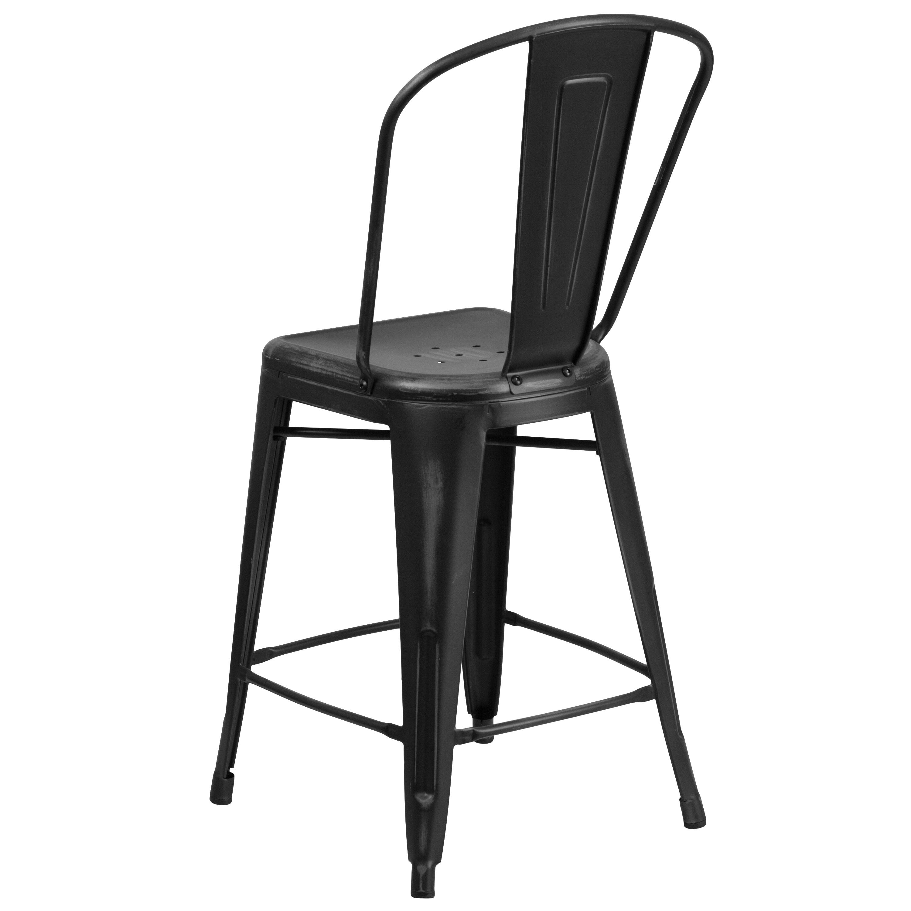 Alt View 5. Emma + Oliver - Commercial Grade 24"H Distressed Metal Indoor-Outdoor Counter Stool with Back - Black.
