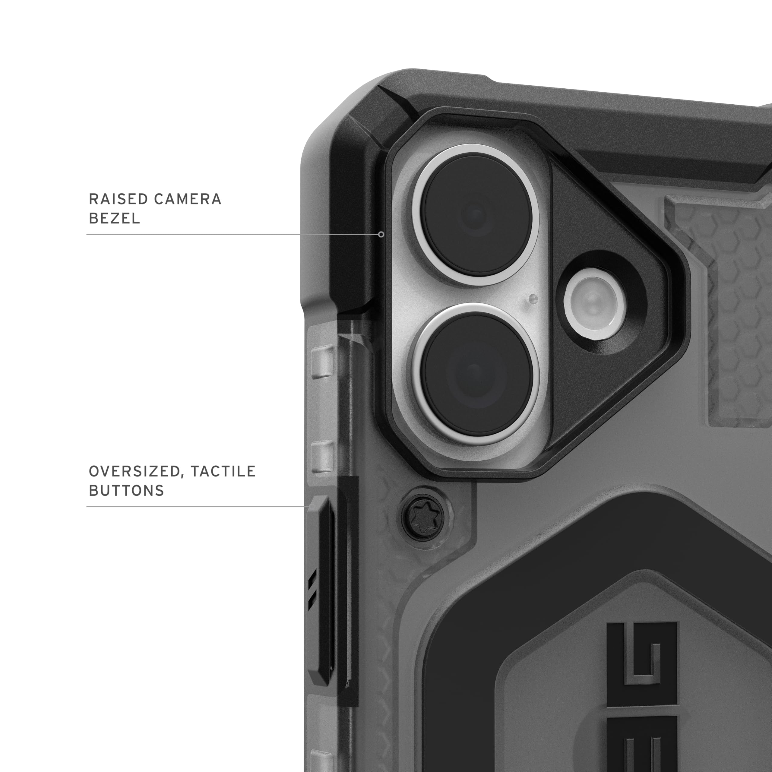 RAISED CAMERA BEZEL, OVERSIZED, TACTILE BUTTONS
