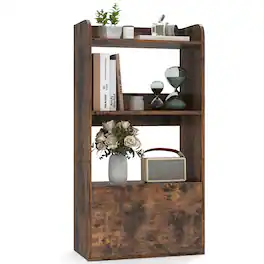 Gymax - Bookcase w/ Drawer 3-Tier Open Shelf Anti-Toppling Kits for Living Room Coffee - Rustic Brown