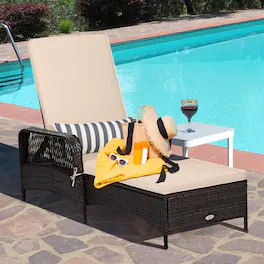 Mondawe - 78in Freestanding Wicker Chaise Lounge w/ Adjustable Backrest, Outdoor Patio Recliner with Pillow - Beige