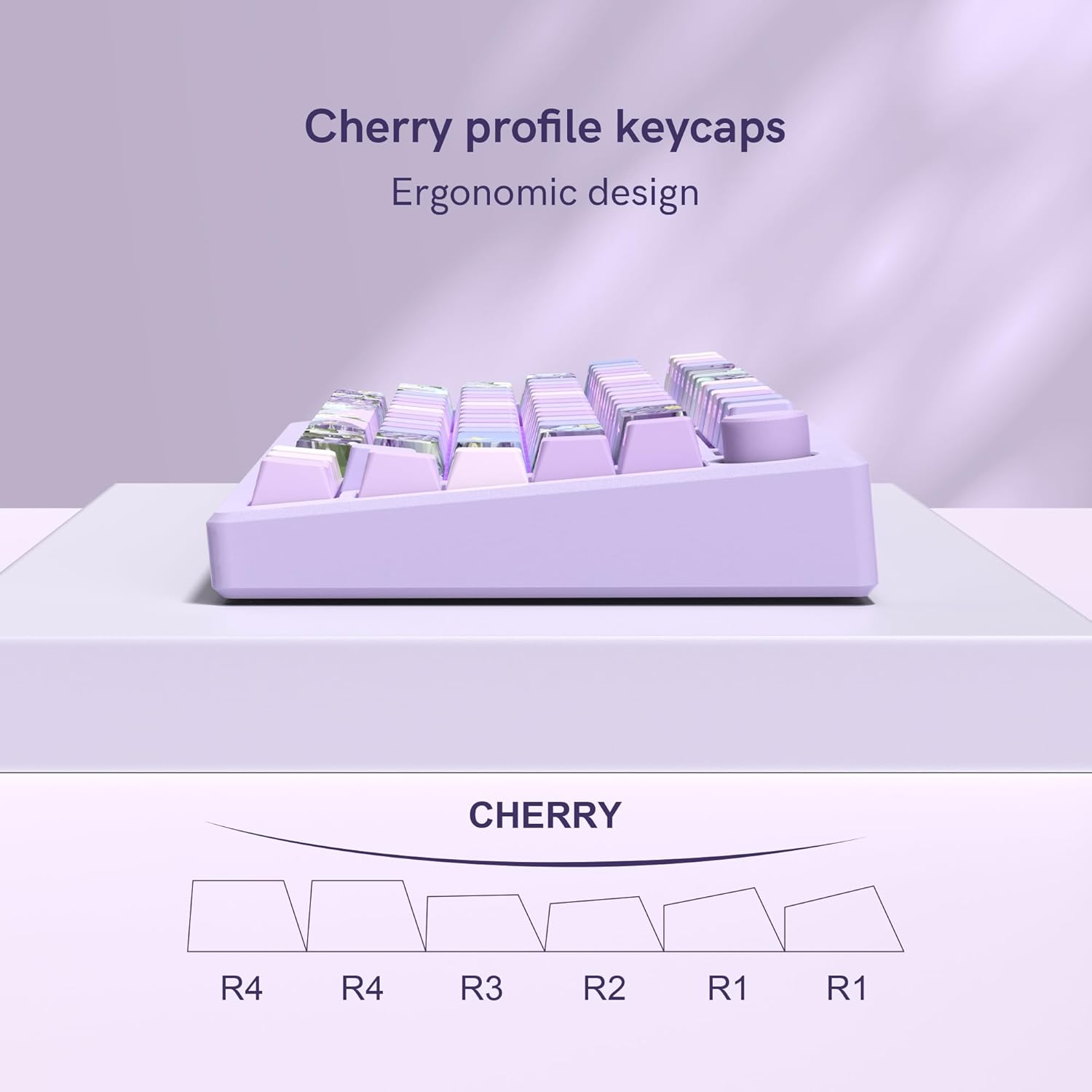 Cherry profile keycaps  
Ergonomic design  

CHERRY  
R4 R4 R3 R2 R1 R1