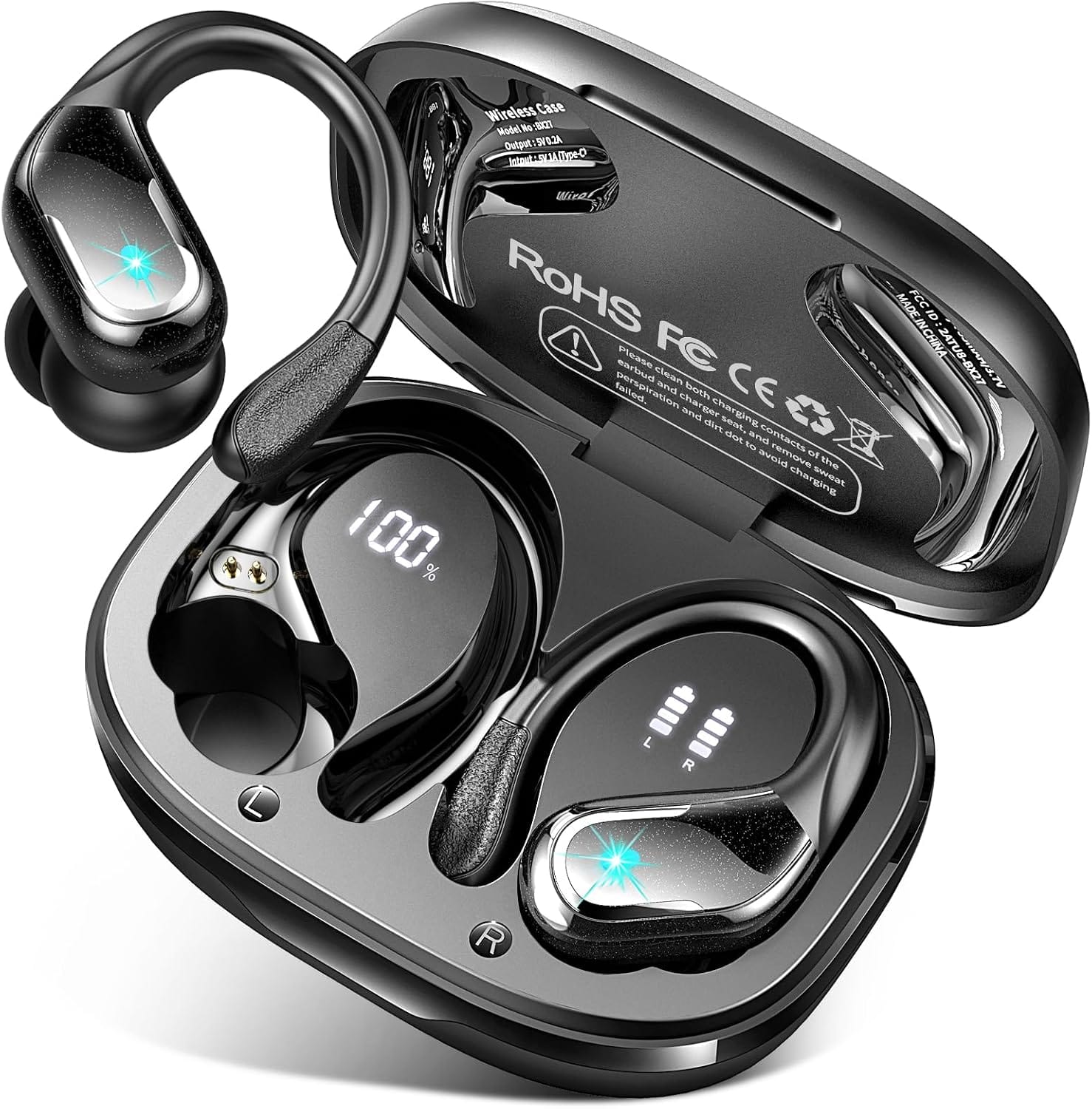 PRIMEPLUS - Wireless Earbuds with Earhooks, 75 Hours Playtime, LED Display for Sport - Black