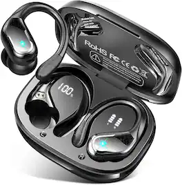 PRIMEPLUS - Wireless Earbuds with Earhooks, 75 Hours Playtime, LED Display for Sport - Black