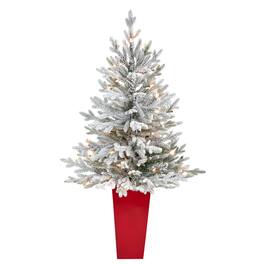 BreeBe - 4' Flocked Fraser Fir Xmas Tree w/200 Lights and 481 Tips - White, Green