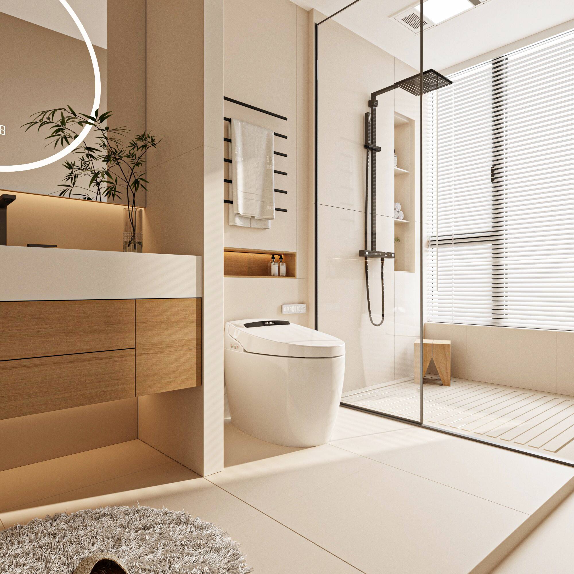 Left. Famapy - Smart Bidet Toilet with Auto Open Lid, Heated Seat, Warm Air Dryer, Touchless Flush and Safety Protection - White.