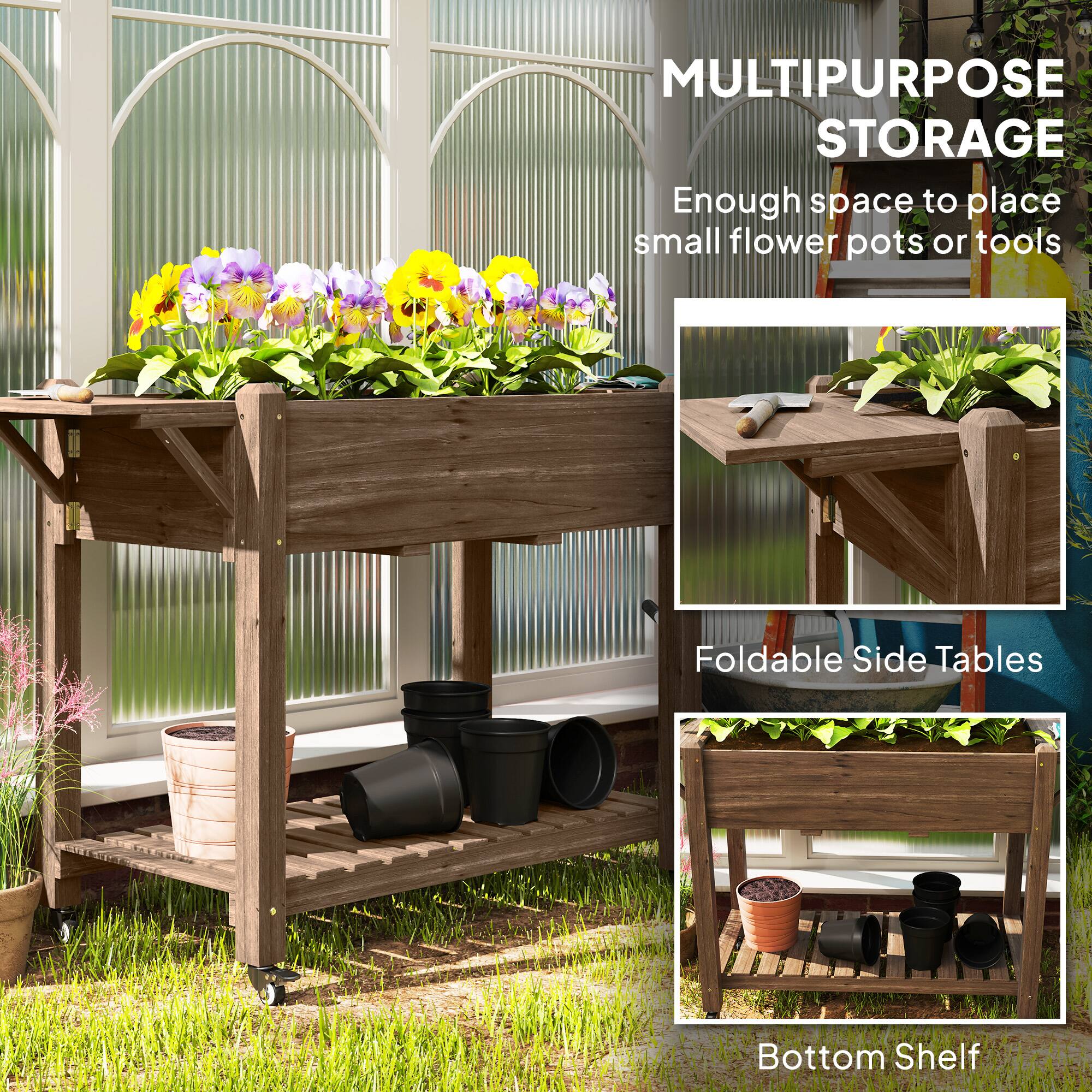 MULTIPURPOSE STORAGE  
Enough space to place small flower pots or tools  

Foldable Side Tables  

Bottom Shelf