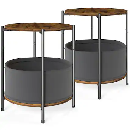 Front. SKONYON - Set of 2 Round Side Tables with Removable Fabric Basket, Industrial End Tables for Living Room, Bedroom or Dorm - Brown.
