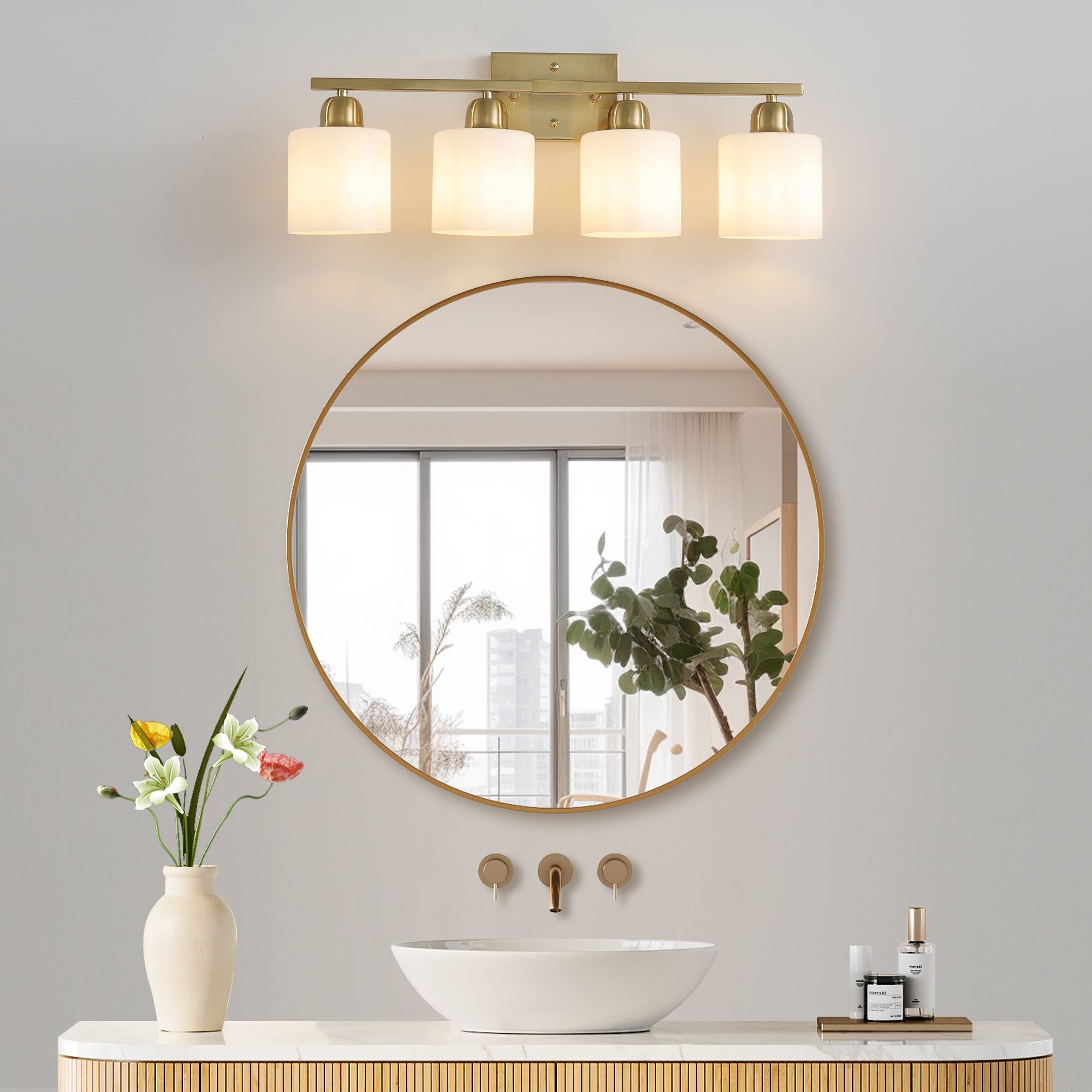 Angle. HOMLUX - 24.8 in. 4 Lights Gold LED Vanity Light Bar with Crystal Shade.