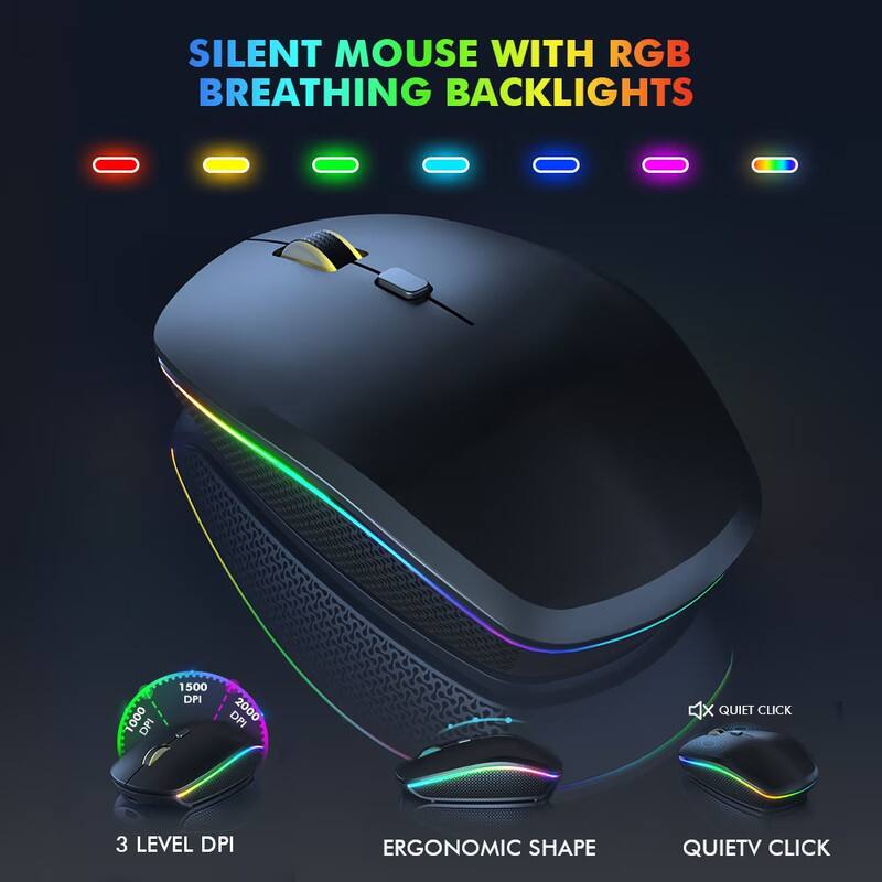 SILENT MOUSE WITH RGB BREATHING BACKLIGHTS  
1000 DPI, 1500 DPI, 2000 DPI  
3 LEVEL DPI  
ERGONOMIC SHAPE  
QUIET CLICK