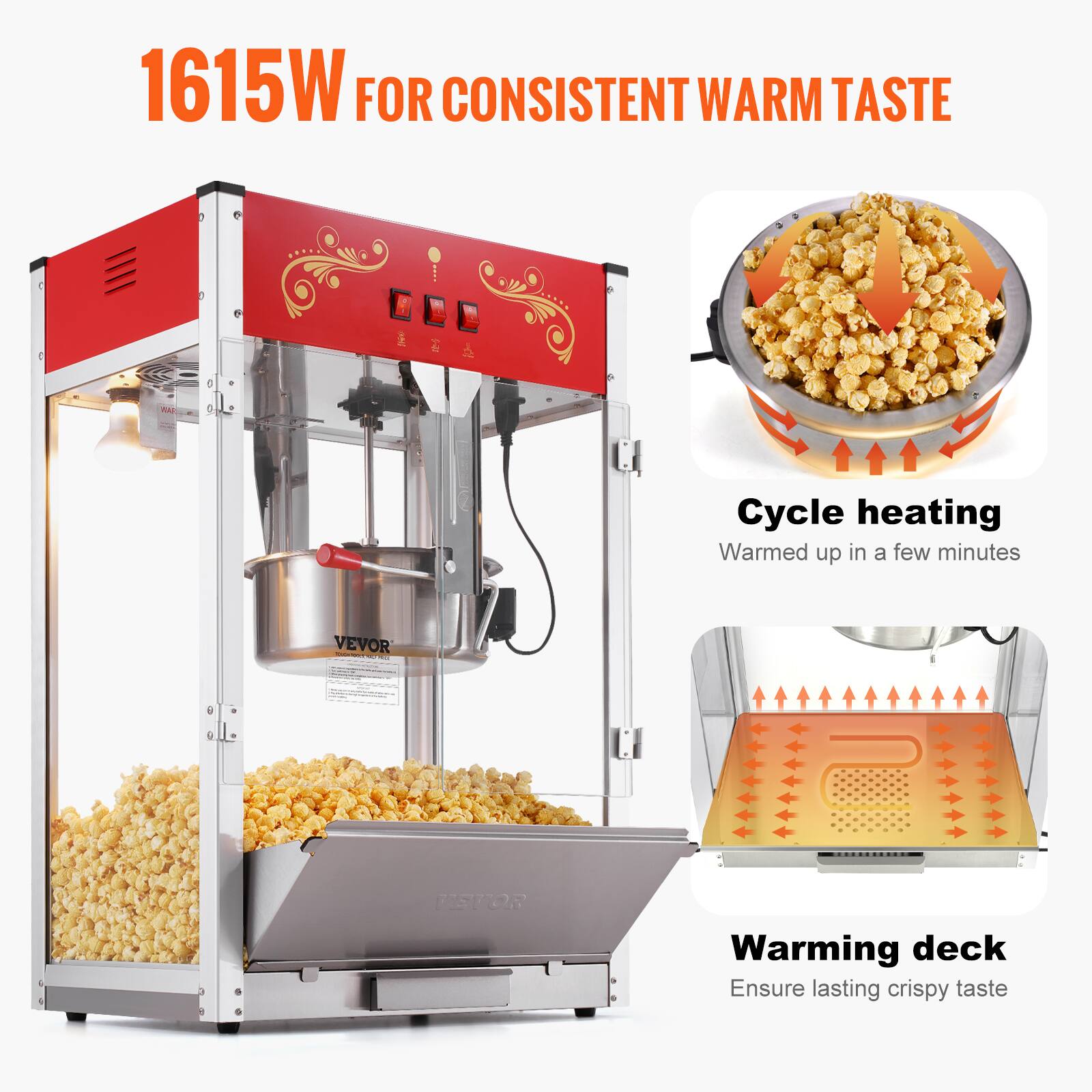 1615W FOR CONSISTENT WARM TASTE

Cycle heating
Warmed up in a few minutes

VEVOR

Warming deck
Ensure lasting crispy taste