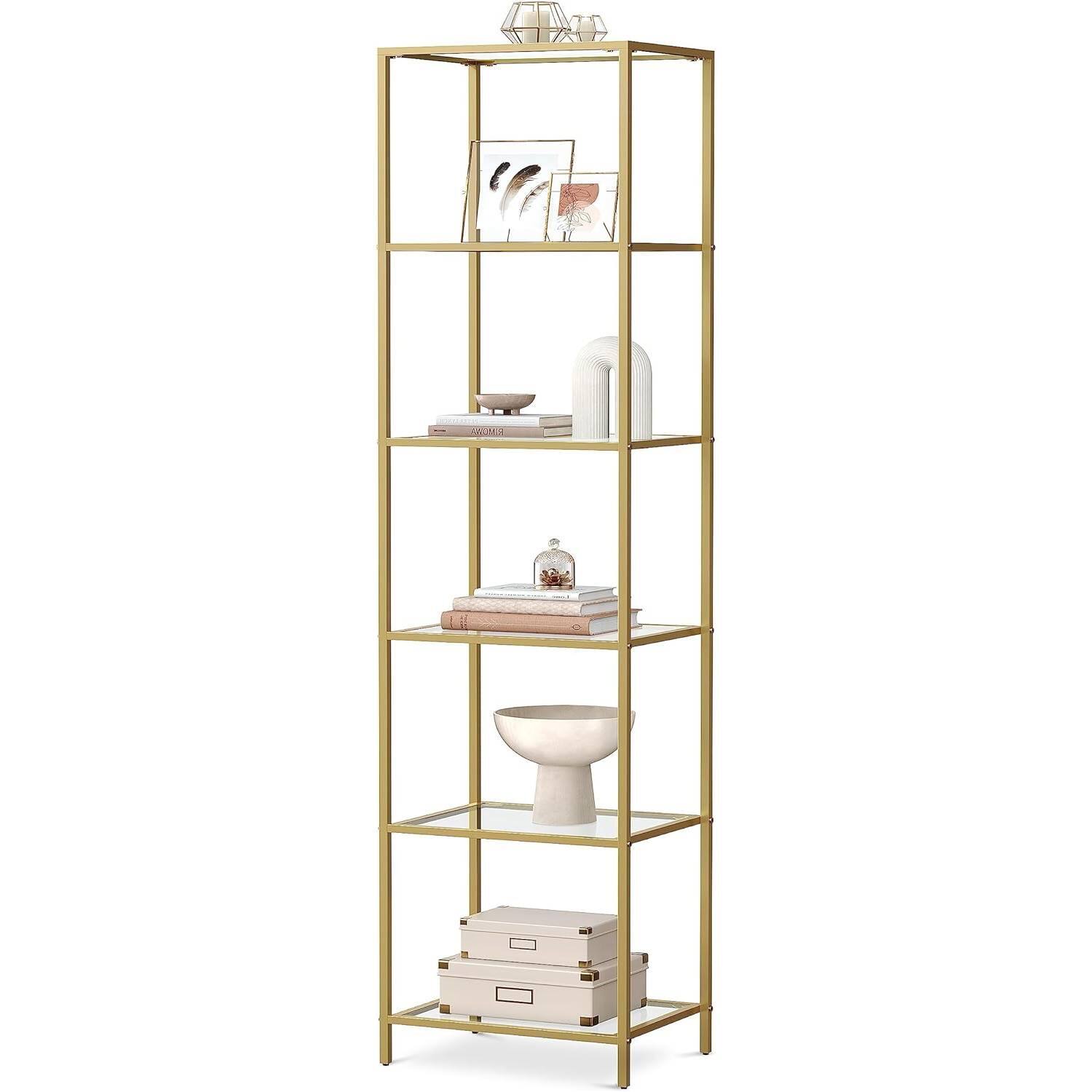 Left. SlickBlue - Narrow Glass Shelf Bookcase for Bedroom, Living Room, Office, or Bathroom - Gold.