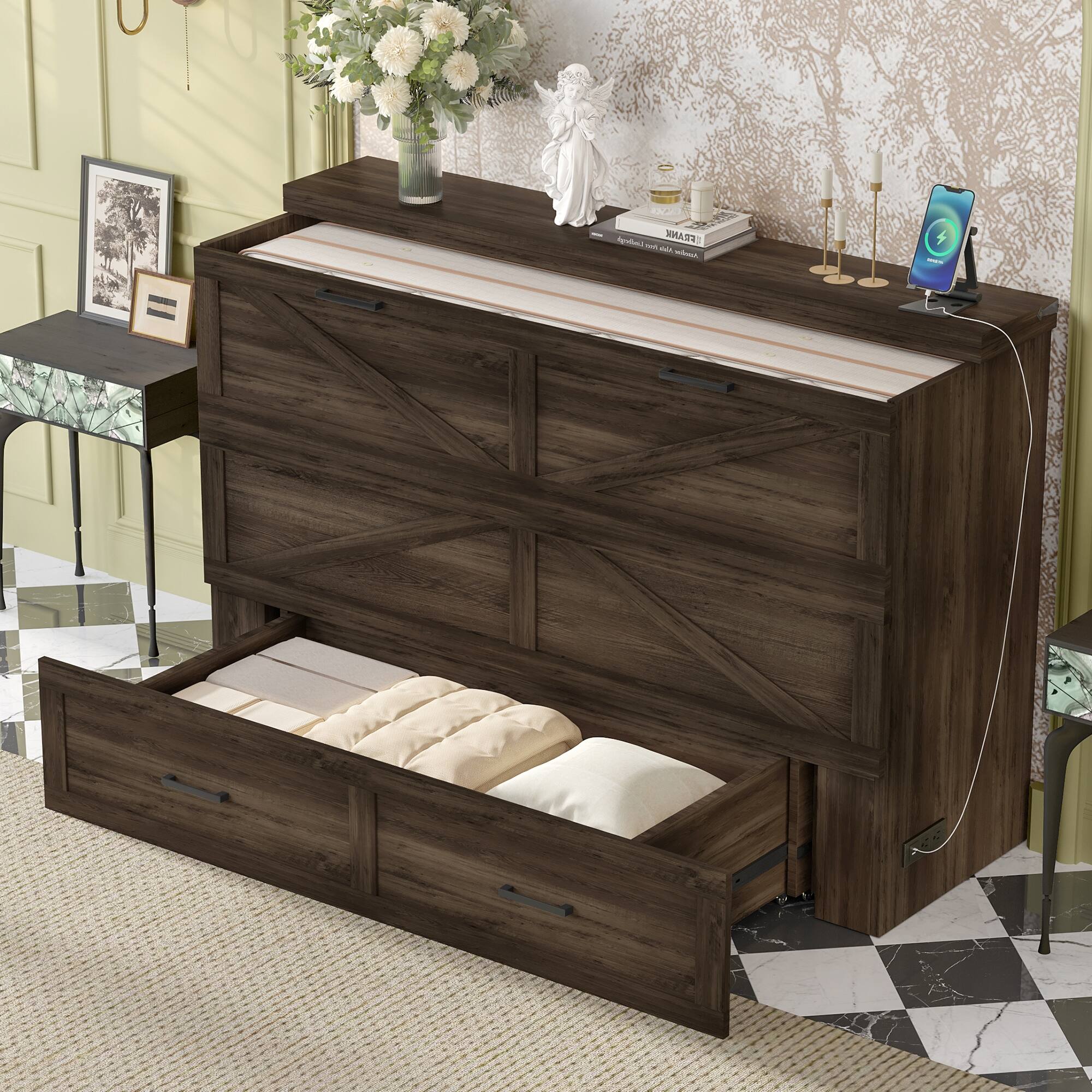 Alt View 1. Anysun - Queen Size Farmhouse Murphy Cabinet Bed with Charging Station – Foldable Platform Bed with Large Storage Drawer - Rustic Grey.