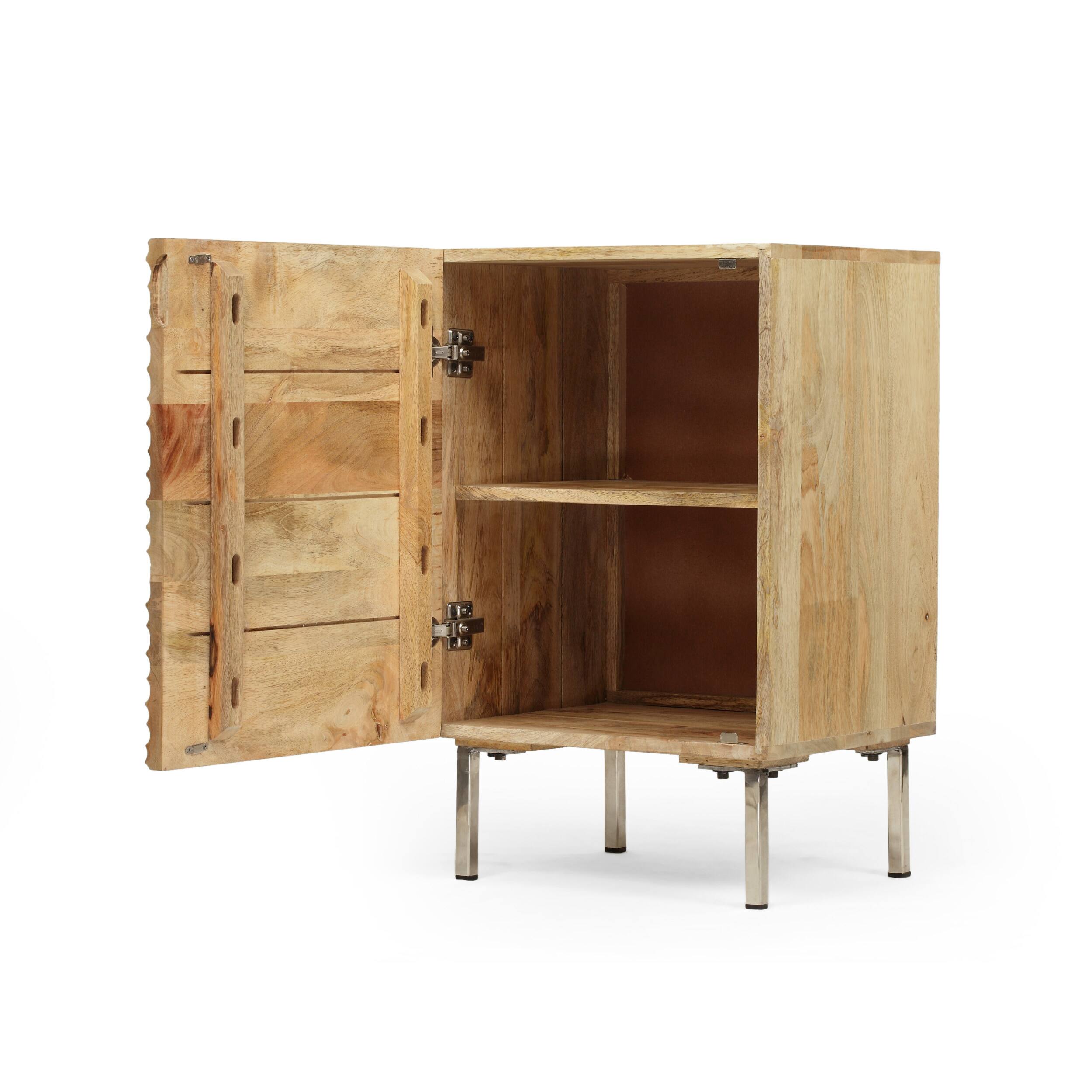 Back. Whisen - Modern Mango Wood Nightstand, Handcrafted Bedside Table with Wave-Design Door and Iron Legs - Natural.