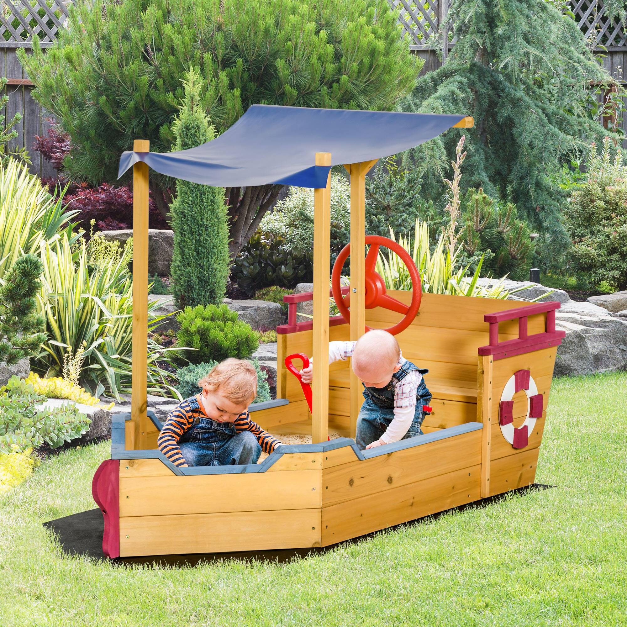 Angle. Outsunny - Pirate Ship Sandbox, Cover, Rudder, Wooden Sandbox, Storage Bench and Seat, Outdoor Toy, Ages 3-8 Years Old.