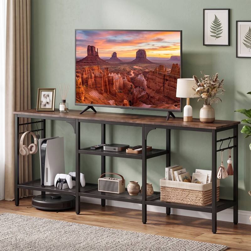 Front. WELLFOR - Farmhouse TV Stand for TVs up to 65" with 3-Tier Open Shelves and 4 Hooks, Entertainment Center for Living Room - Rustic Brown & Black.