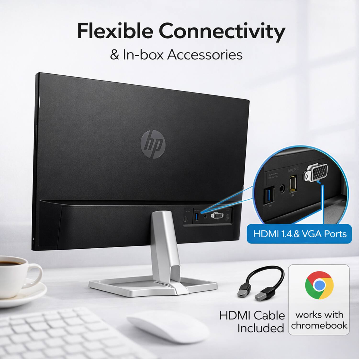 Flexible Connectivity & In-box Accessories

HDMI 1.4 & VGA Ports

HDMI Cable Included

Works with Chromebook