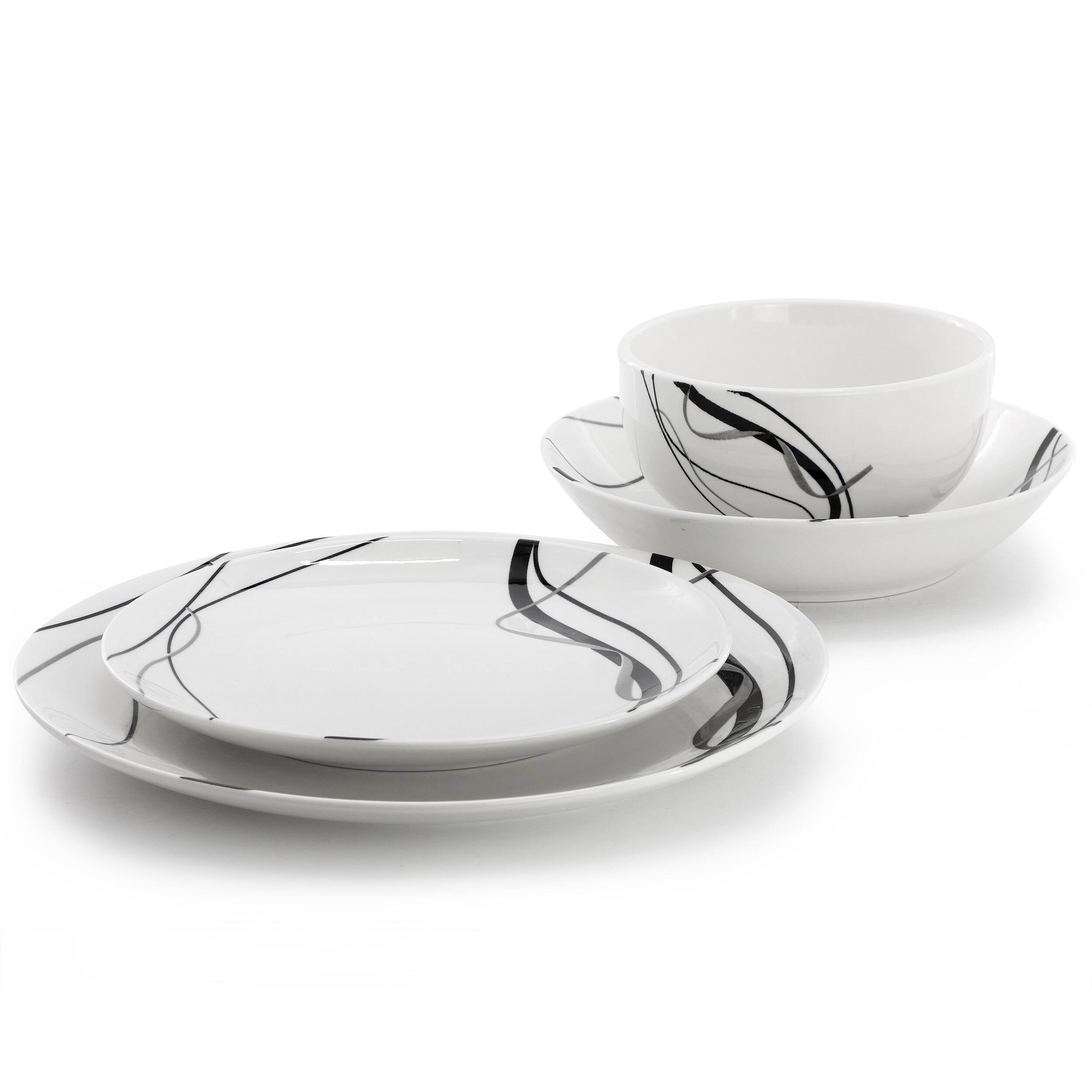 Alt View 1. Elama - Elama Sarah 24 Piece Porcelain Black Ribbon Double Bowl Dinnerware Set, Service for 6 in White and Black - White.