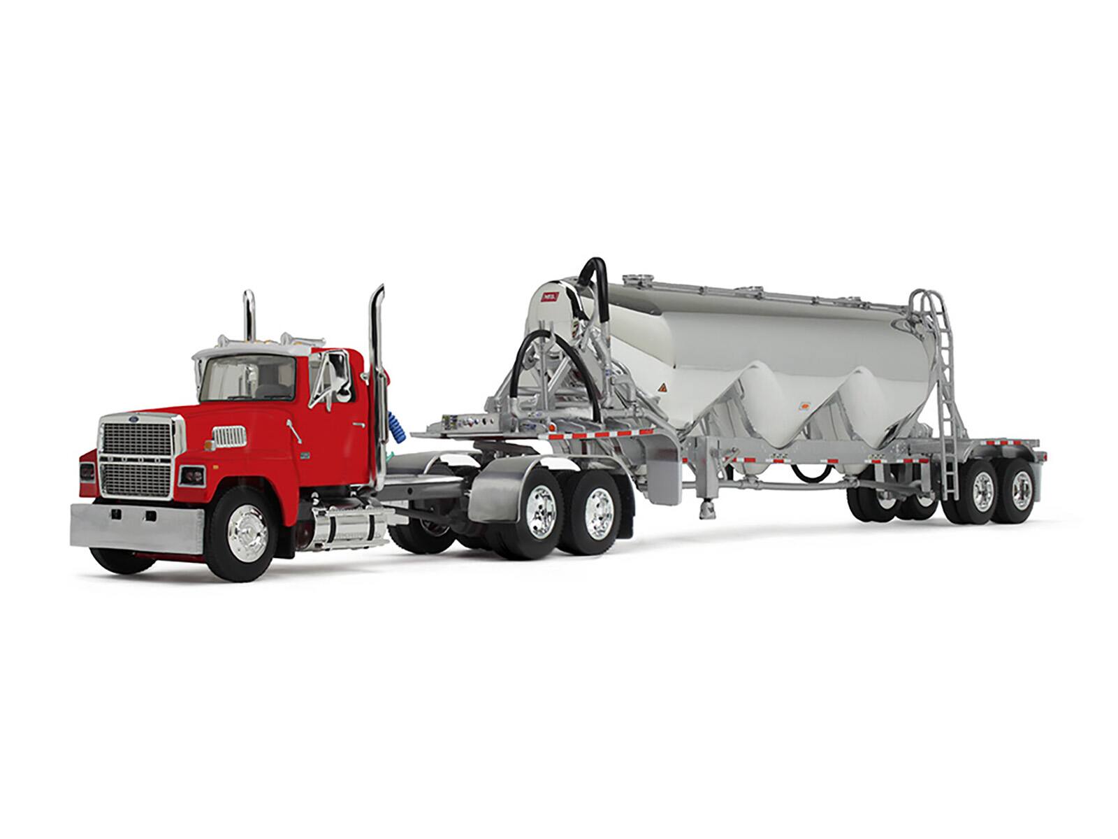 Angle. First Gear - Ford LTL 9000 Day Cab with Heil Pneumatic Tank Trailer Heil Red 1/64 Diecast Model by DCP/First Gear - Red.