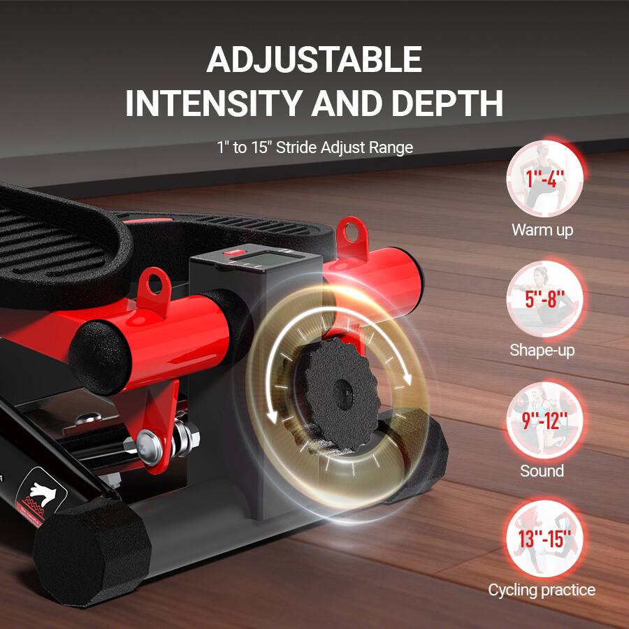 ADJUSTABLE INTENSITY AND DEPTH

1" to 15" Stride Adjust Range

1"-4" Warm up  
5"-8" Shape-up  
9"-12" Sound  
13"-15" Cycling practice