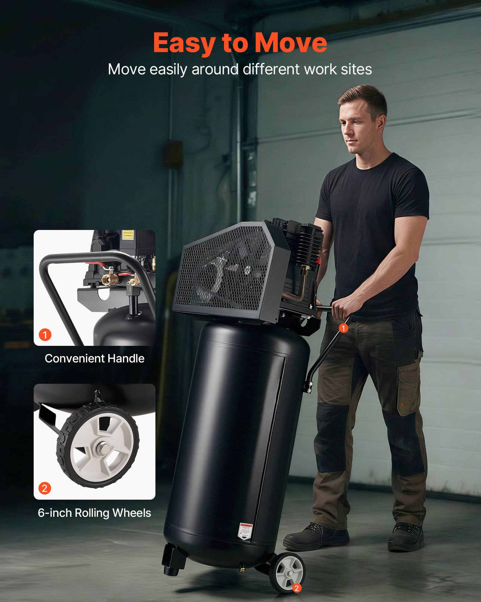 Easy to Move  
Move easily around different work sites

1. Convenient Handle
2. 6-inch Rolling Wheels