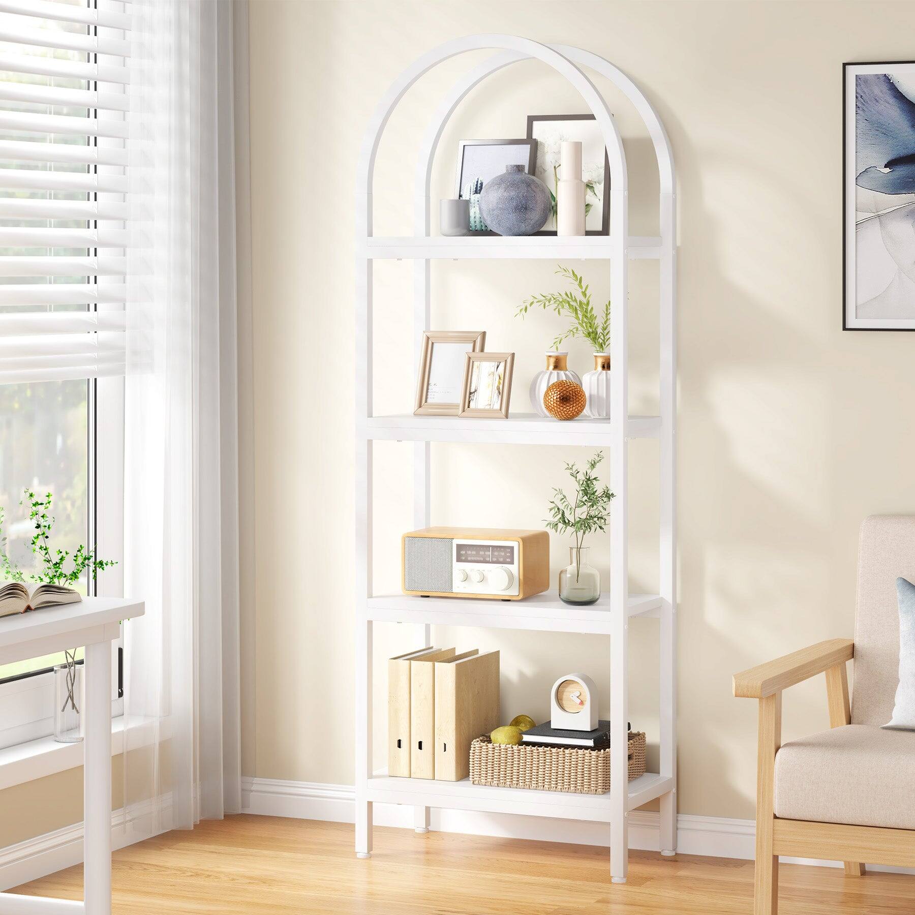 Angle. Tribesigns - Bookshelf with Engineered Wood Construction and Metal Frame for Living Room, Home Office and Bedroom - White.