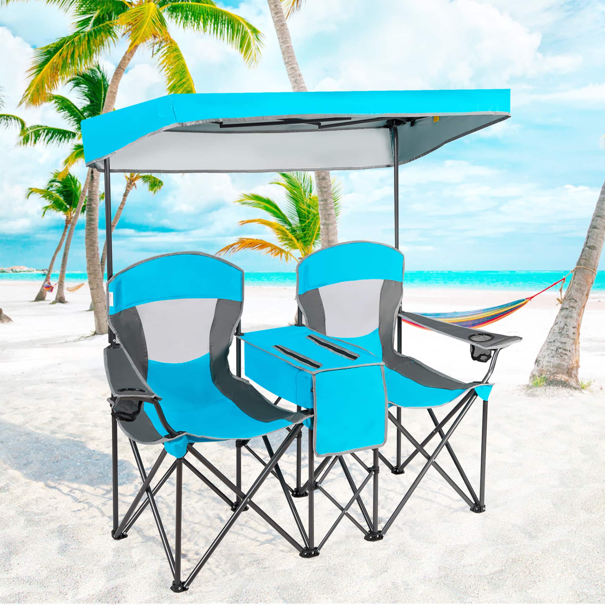 Gymax - Folding 2-person Camping Chairs Double Sunshade Chairs w/ Canopy - Blue