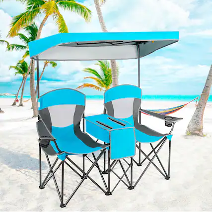 Front. Gymax - Gymax Folding 2-person Camping Chairs Double Sunshade Chairs w/ Canopy Blue - Blue.