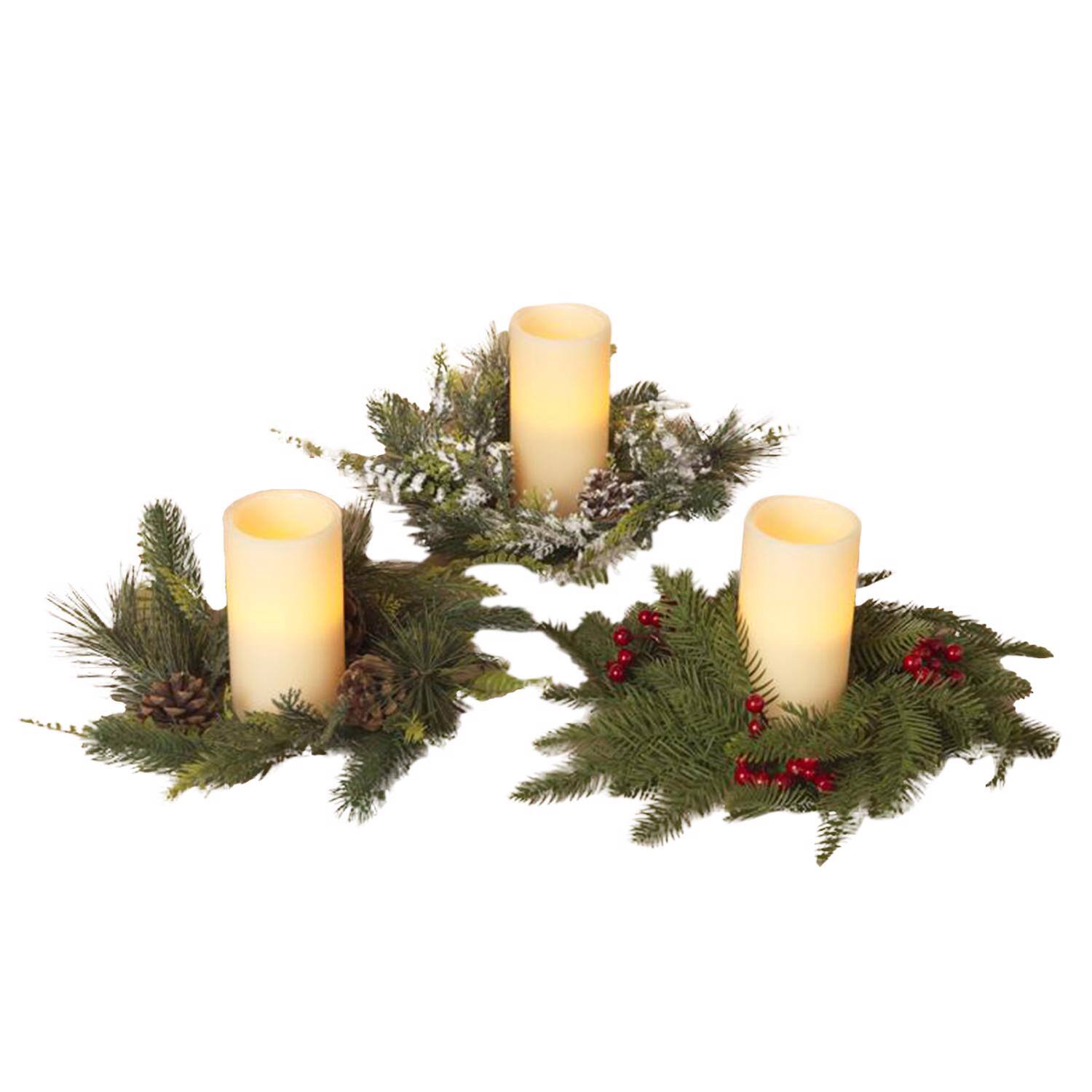 Front. The Gerson Companies - Gerson Multicolored Pine Candle Ring with Berry Candles 3 in. (Case of 18) - Multicolored.