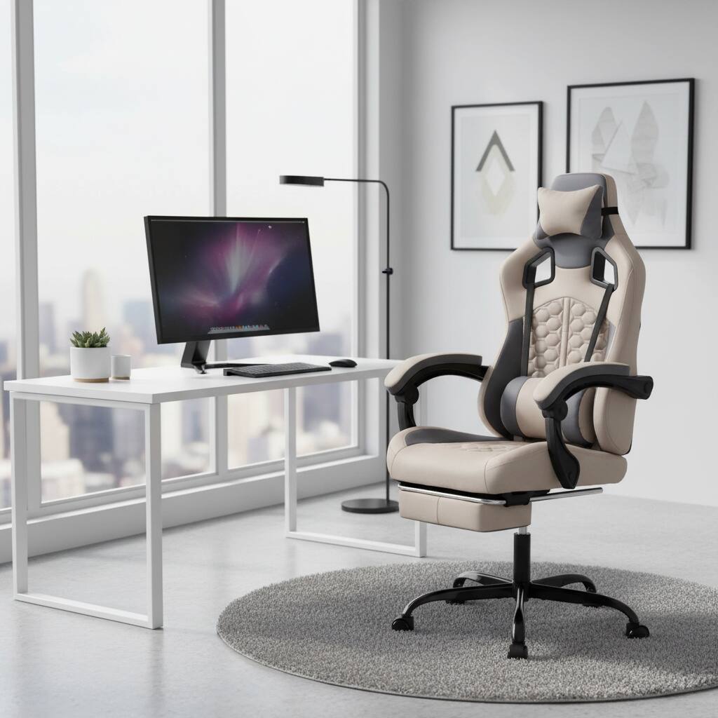 Left. Forest'nSky - Massage Gaming Chair with Footrest, Ergonomic PC Chair with Headrest and Lumbar Support, High Back PVC Leather,Grey - Grey.