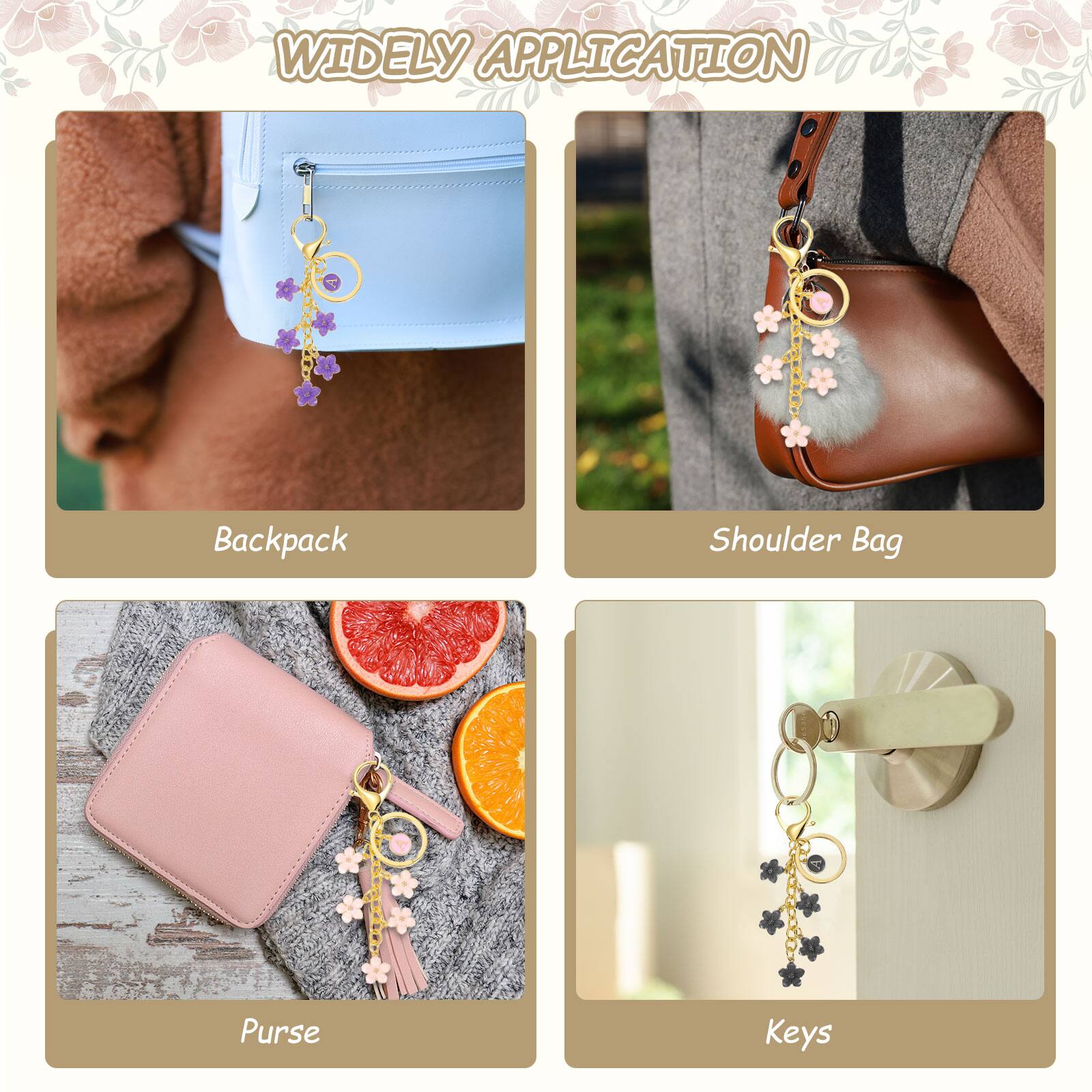 Widely Application  
Backpack  
Shoulder Bag  
Purse  
Keys