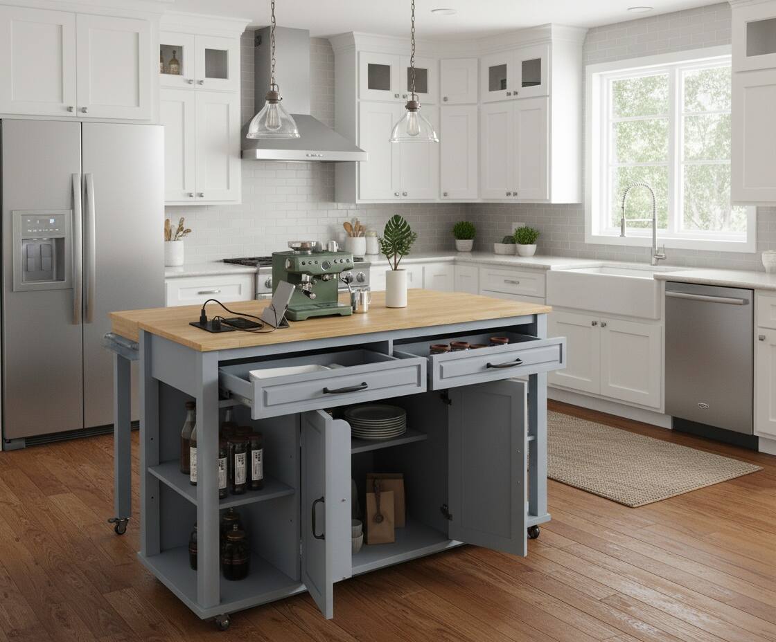 Left. Forest'nSky - 47 inch Rolling Kitchen Island with Storage, Rubber Wood Veneer Table, Power Outlet, Internal Rack, Grey Blue - Grey Blue.