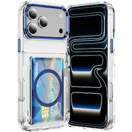 UUCOVER - For Apple iPhone 17 Pro Max Clear Magnetic Case with Hidden Card Holder and Kickstand Dual Layer Shockproof Protection - Blue