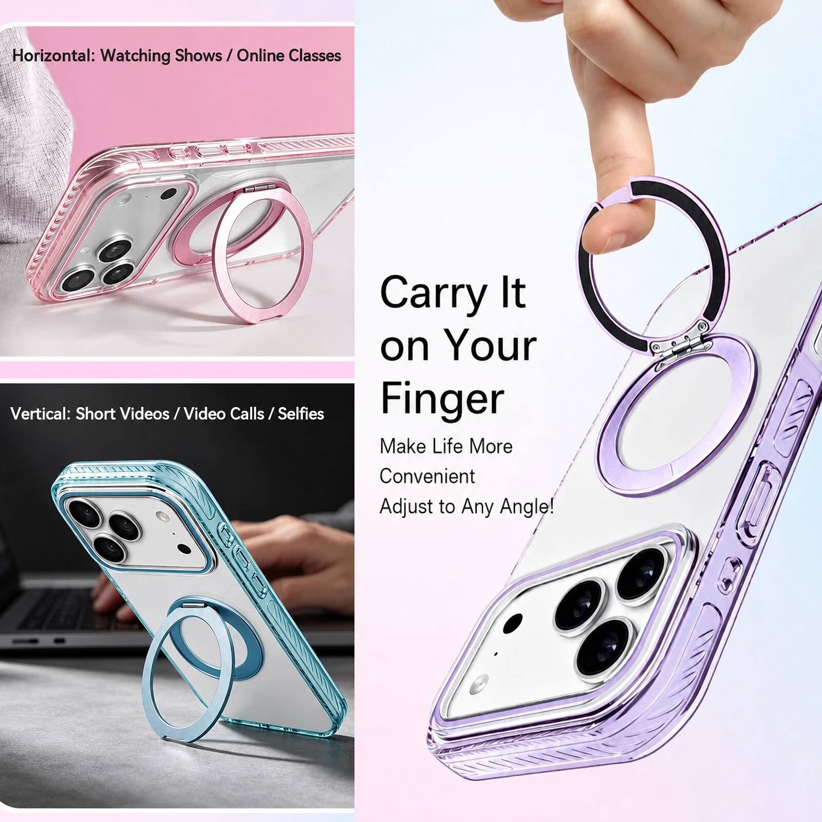 Horizontal: Watching Shows / Online Classes  
Vertical: Short Videos / Video Calls / Selfies  

Carry It on Your Finger  
Make Life More Convenient  
Adjust to Any Angle!