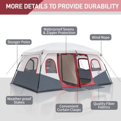 MORE DETAILS TO PROVIDE DURABILITY

- Stronger Poles
- Waterproof Seams & Zipper Protection
- Wind Rope
- Weather-proof Stakes
- Convenient Curtain Clasps
- Quality Fiber Fabrics