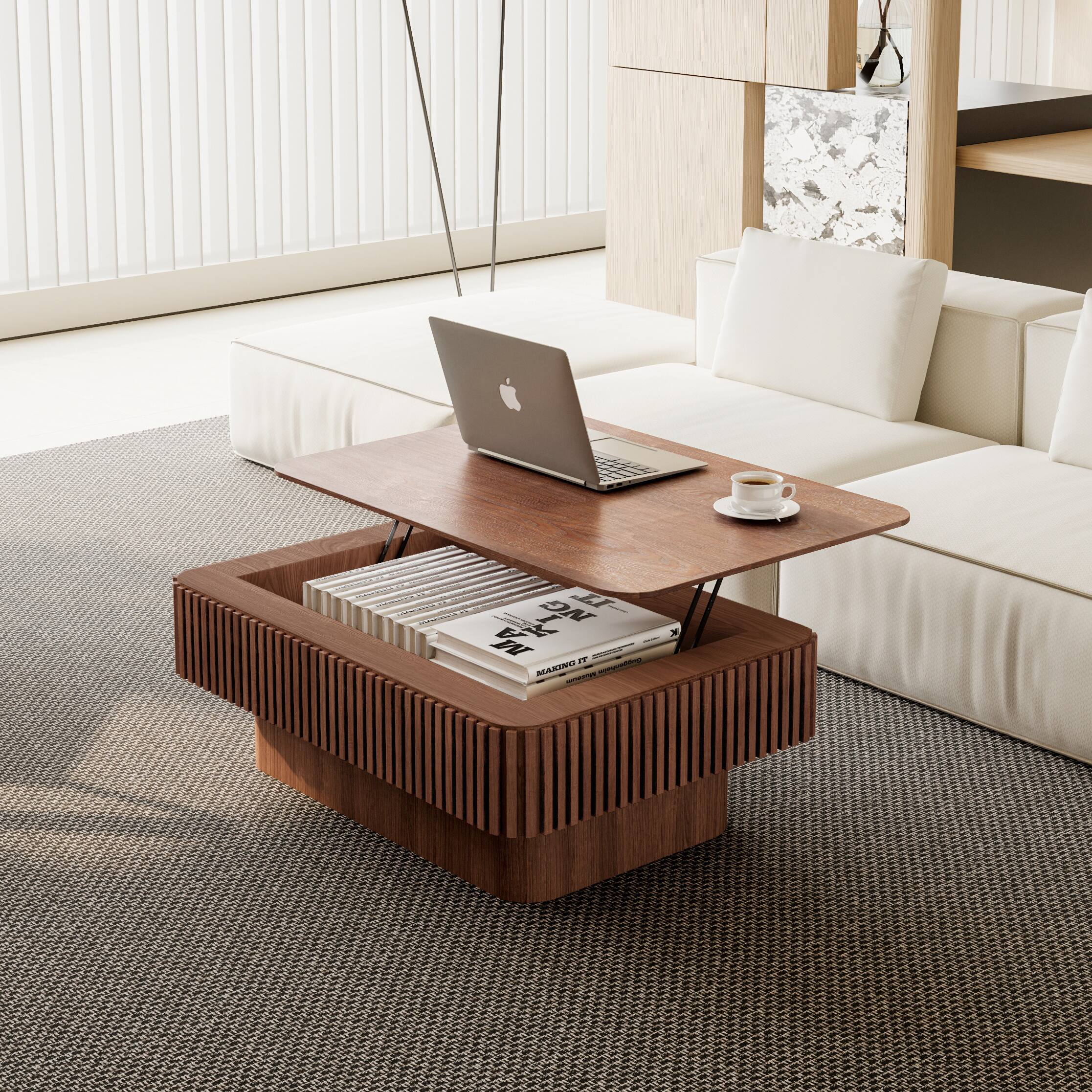 Left. Loheer - Loheer Walnut Lift Top Coffee Table Fluted Wood Storage Center Table Adjustable Height - Walnut.