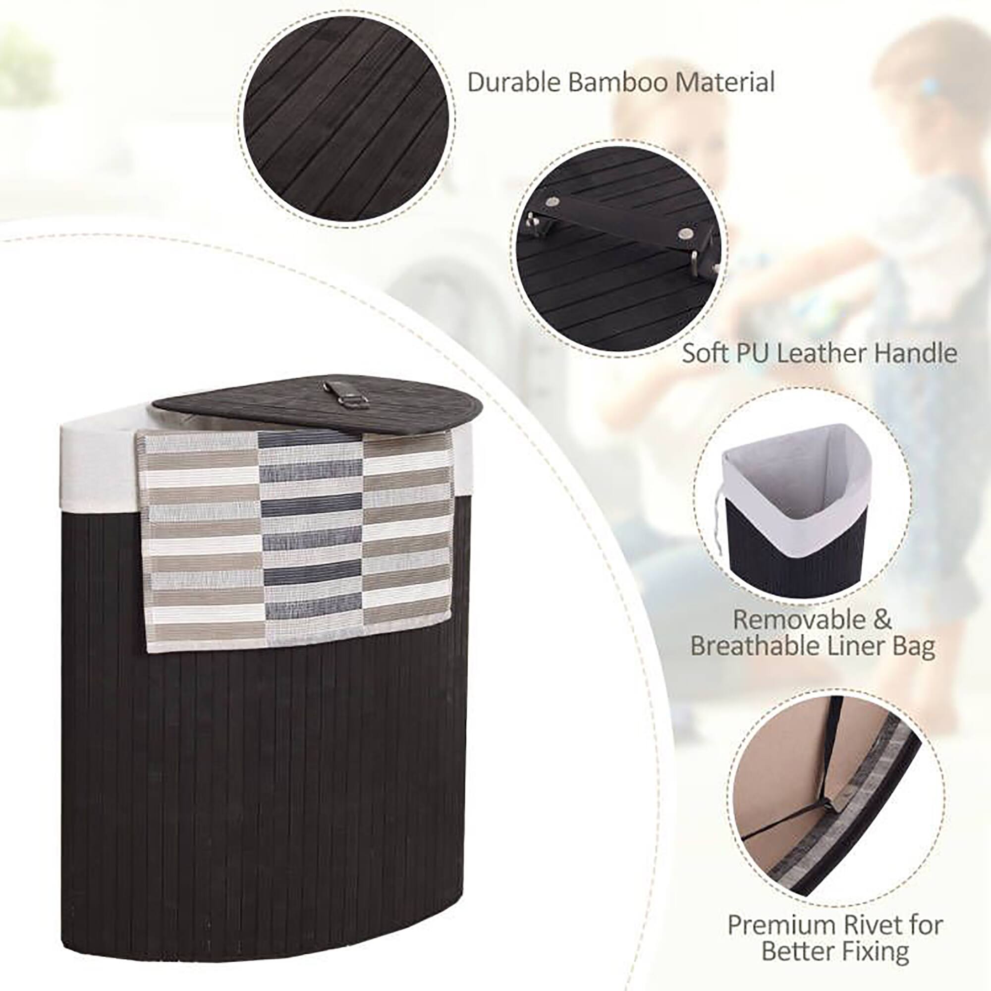 The image features a product that is made from durable bamboo material and has a soft PU leather handle. The product also comes with a removable and breathable liner bag, and it has a premium rivet for better fixing.