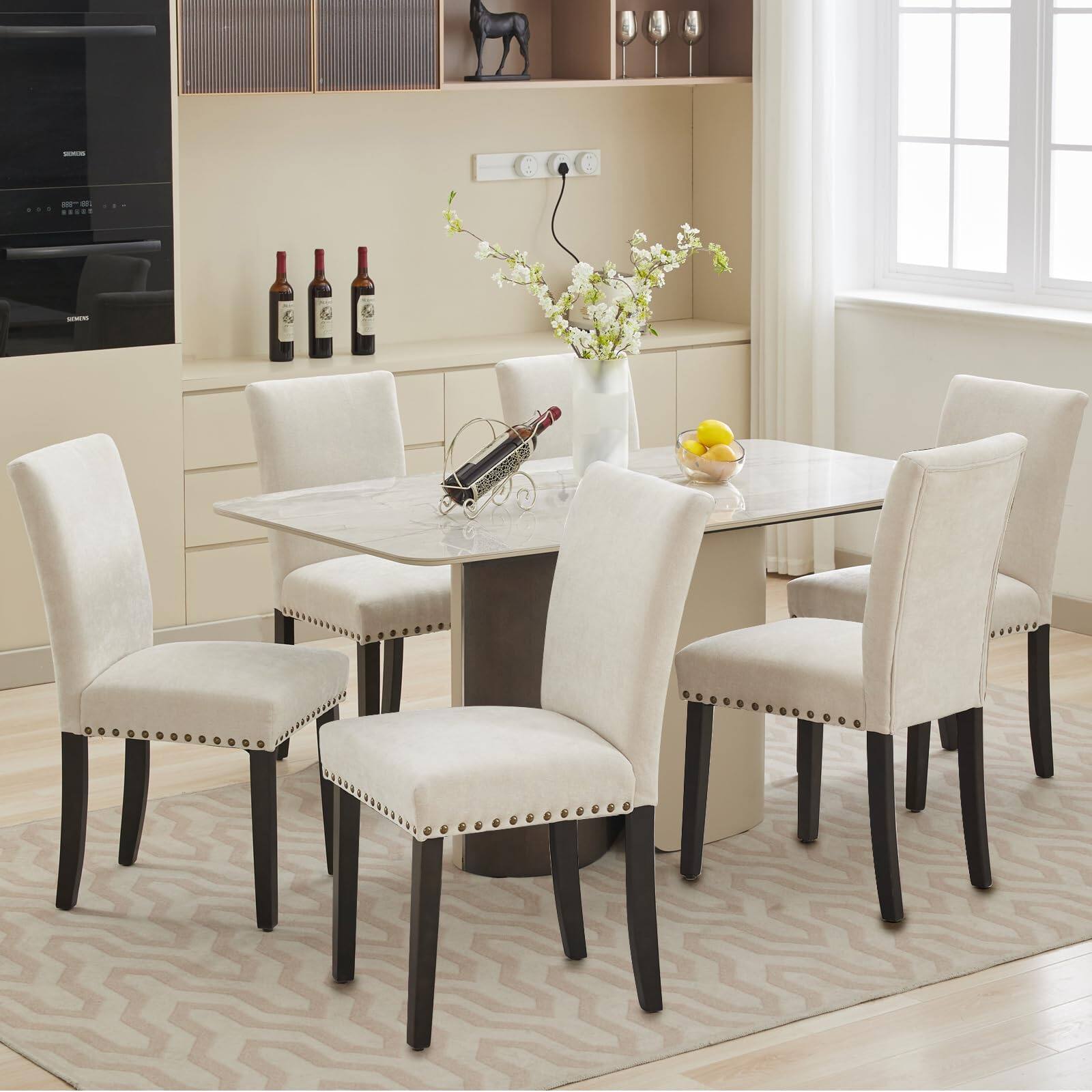 Jojoka - Dining Chairs Set of 6, Linen Fabric Upholstered Parsons Diner Room Chair Sets, Nailhead Trim Design - Beige