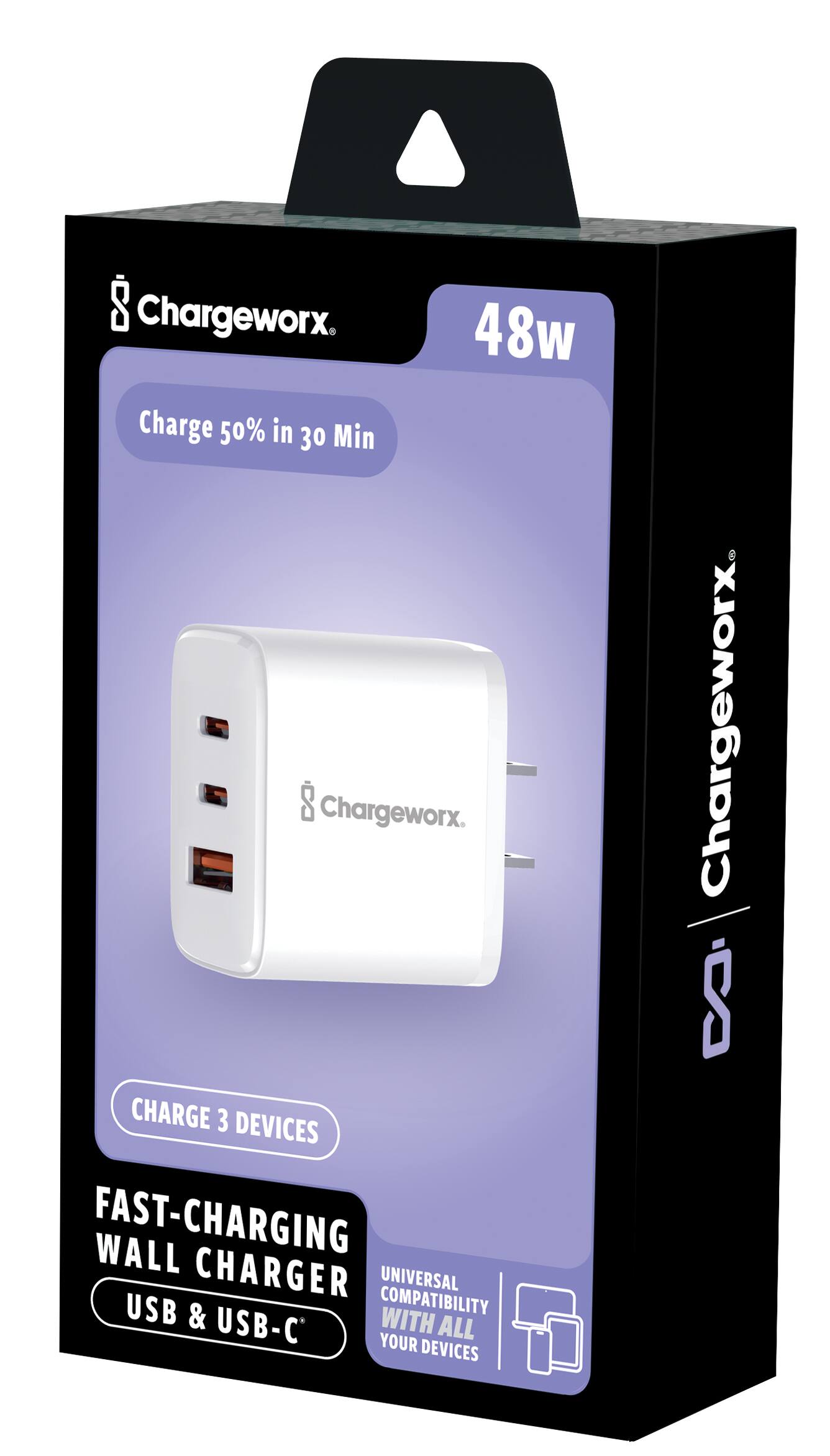 Chargeworx  
48w  
Charge 50% in 30 Min  

CHARGE 3 DEVICES  

FAST-CHARGING WALL CHARGER  
USB & USB-C  

UNIVERSAL COMPATIBILITY WITH ALL YOUR DEVICES