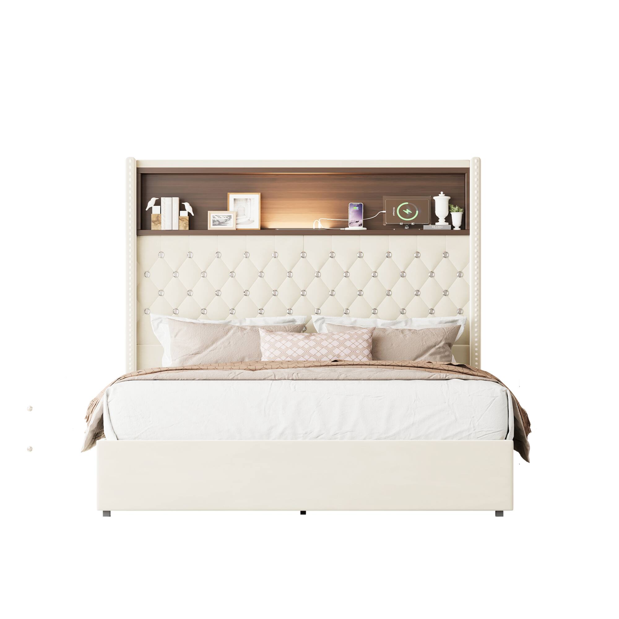 Alt View 5. GOODSILO - Luxurious Velvet Tufted Bed Frame with USB Port and Night Light, High Headboard Platform Bed - Beige.