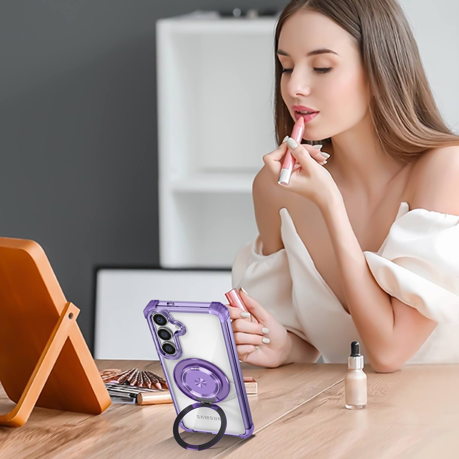Left. Dteck - Magnetic Case for Samsung Galaxy S26 with 360° Rotating Ring Kickstand, Crystal Clear Shockproof Drop Protection Cover - Purple.
