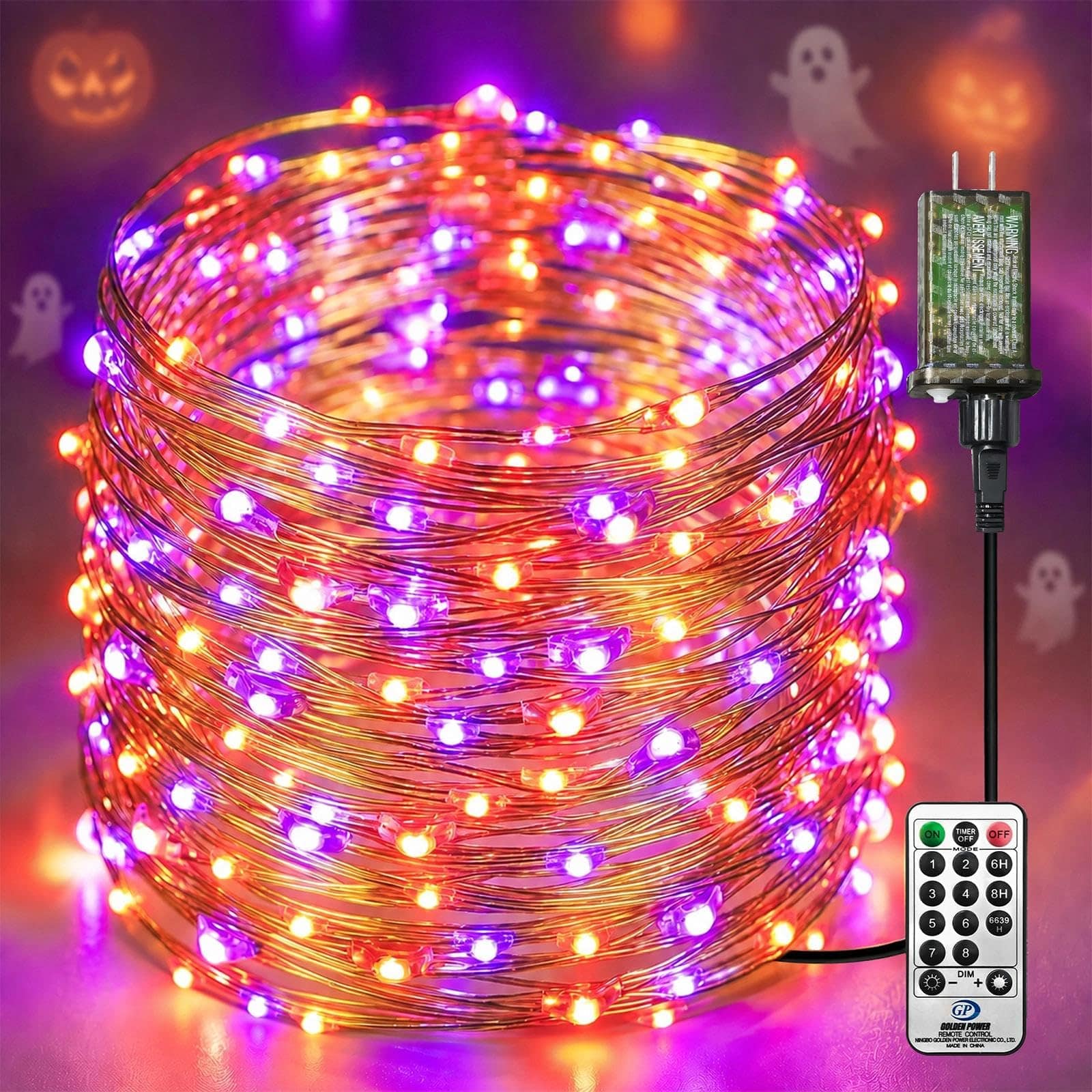 Veranti - 200-LED Plug-In Halloween Fairy String Lights with Remote, Timer and Memory - Orange&Purple