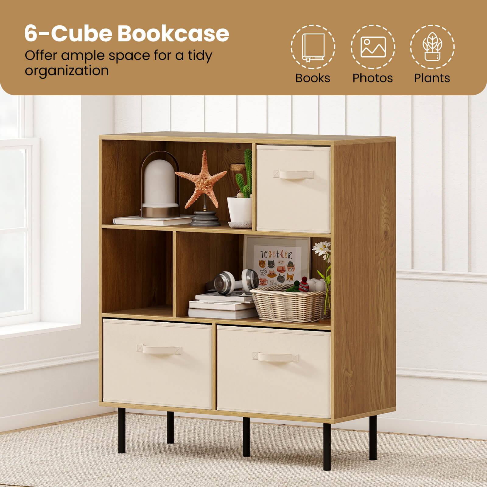6-Cube Bookcase  
Offer ample space for a tidy organization  

Books  
Photos  
Plants  

Together